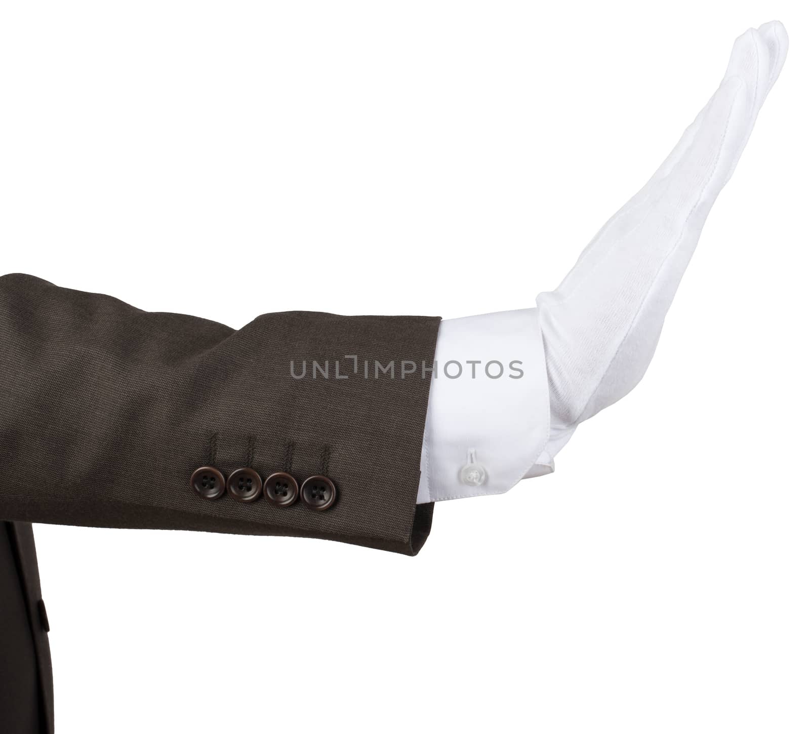 Mans hand in white glove showing stop gesture isolated on white background