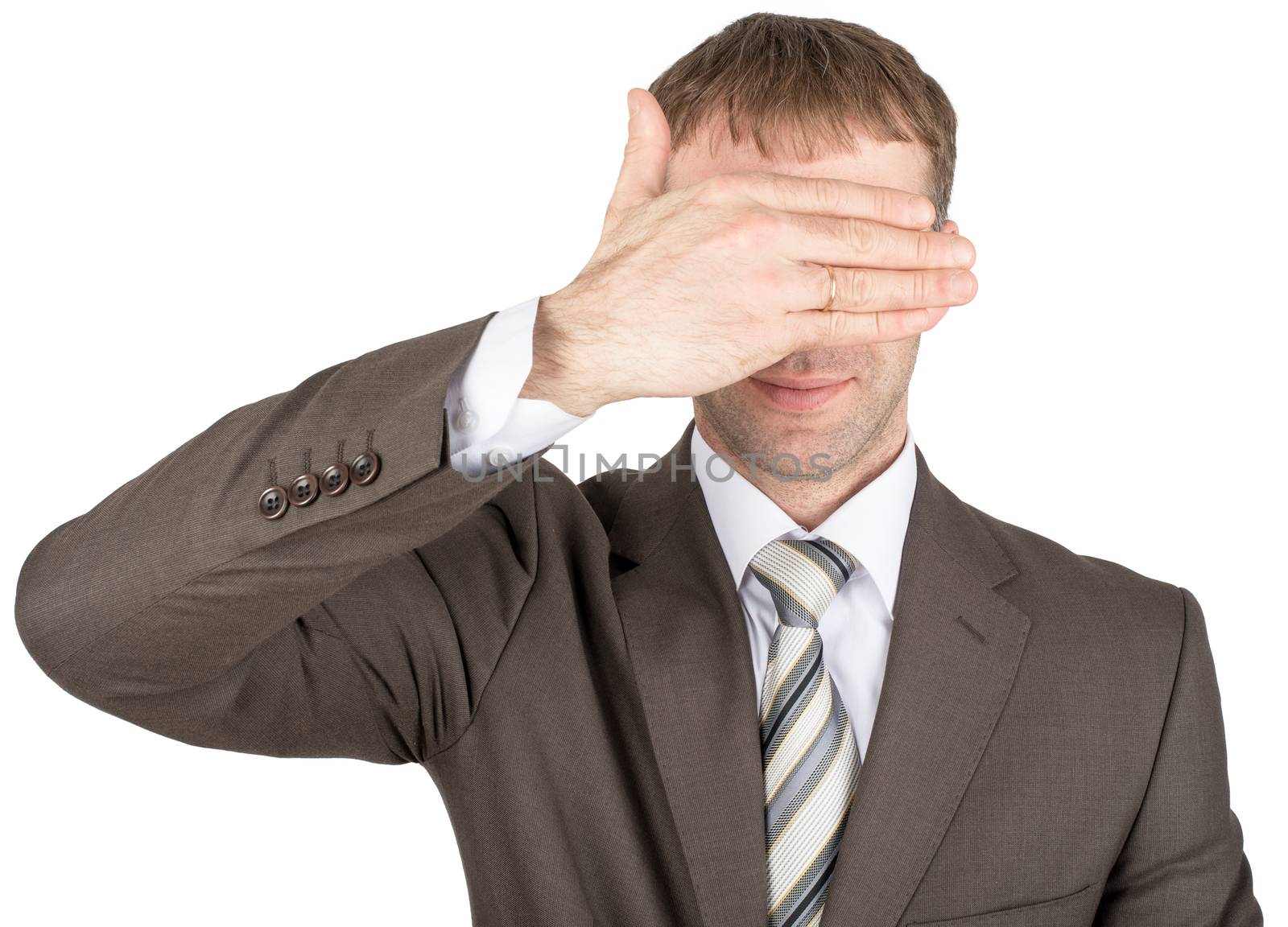 Man closes his eyes with his hand isolated on white background