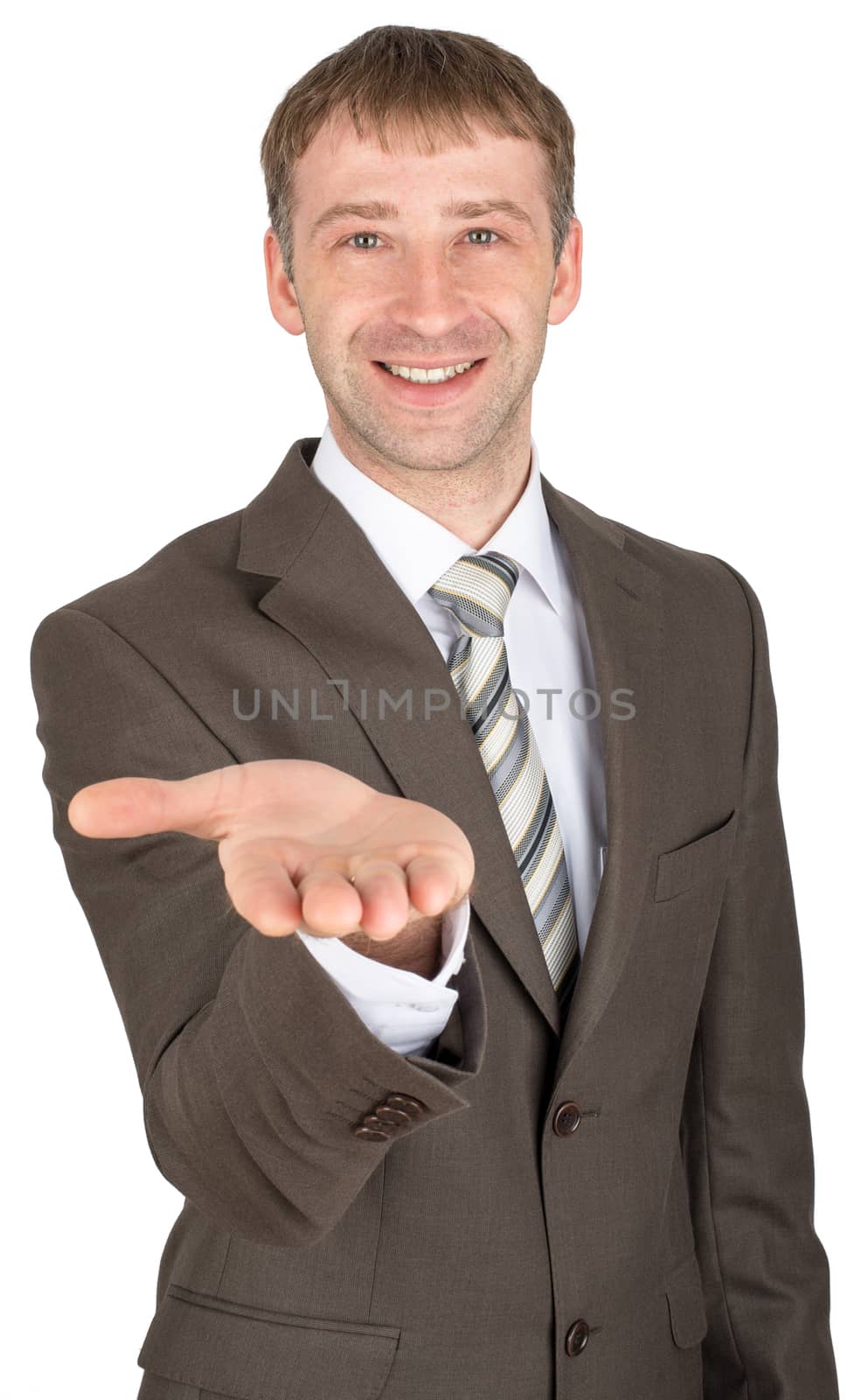 Smiling man giving hand isolated on white background
