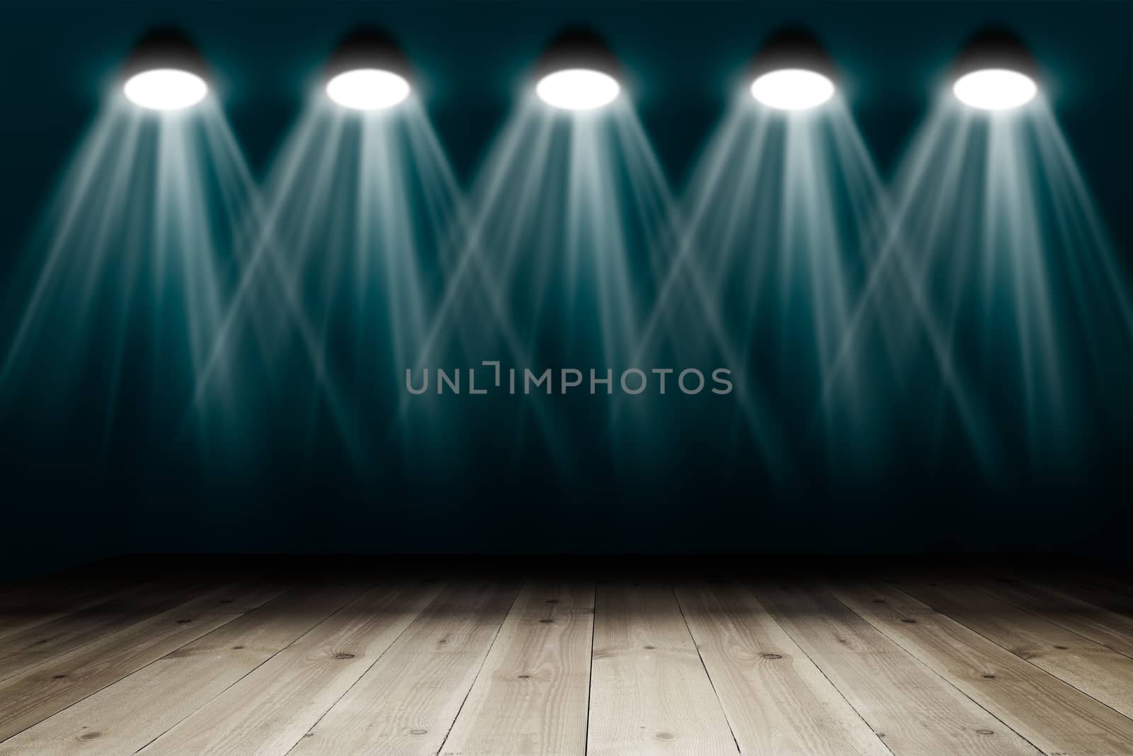 Background with wooden floor and spotlights. Copy space