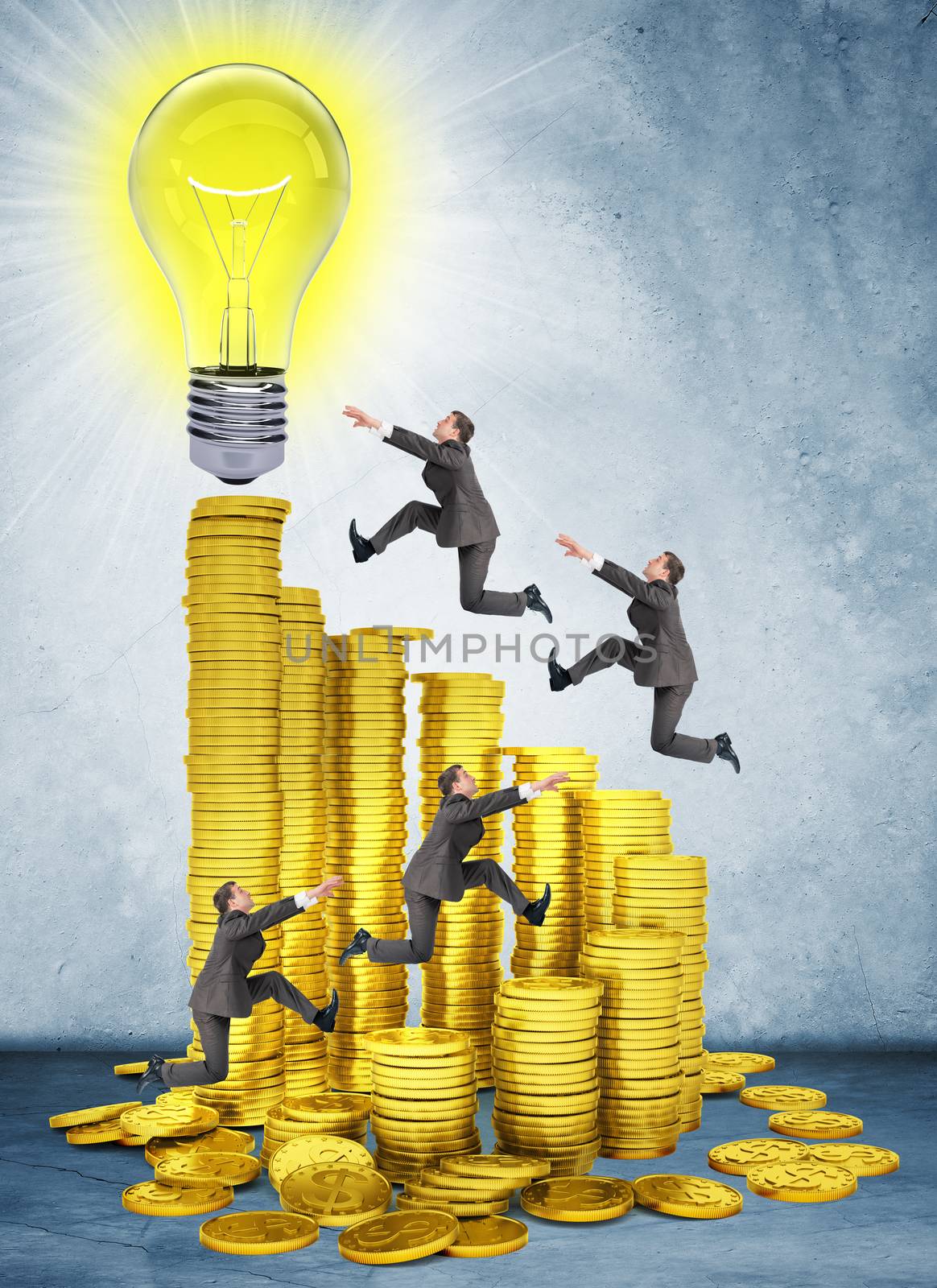 Businessmen run and jump on money stairs  by cherezoff