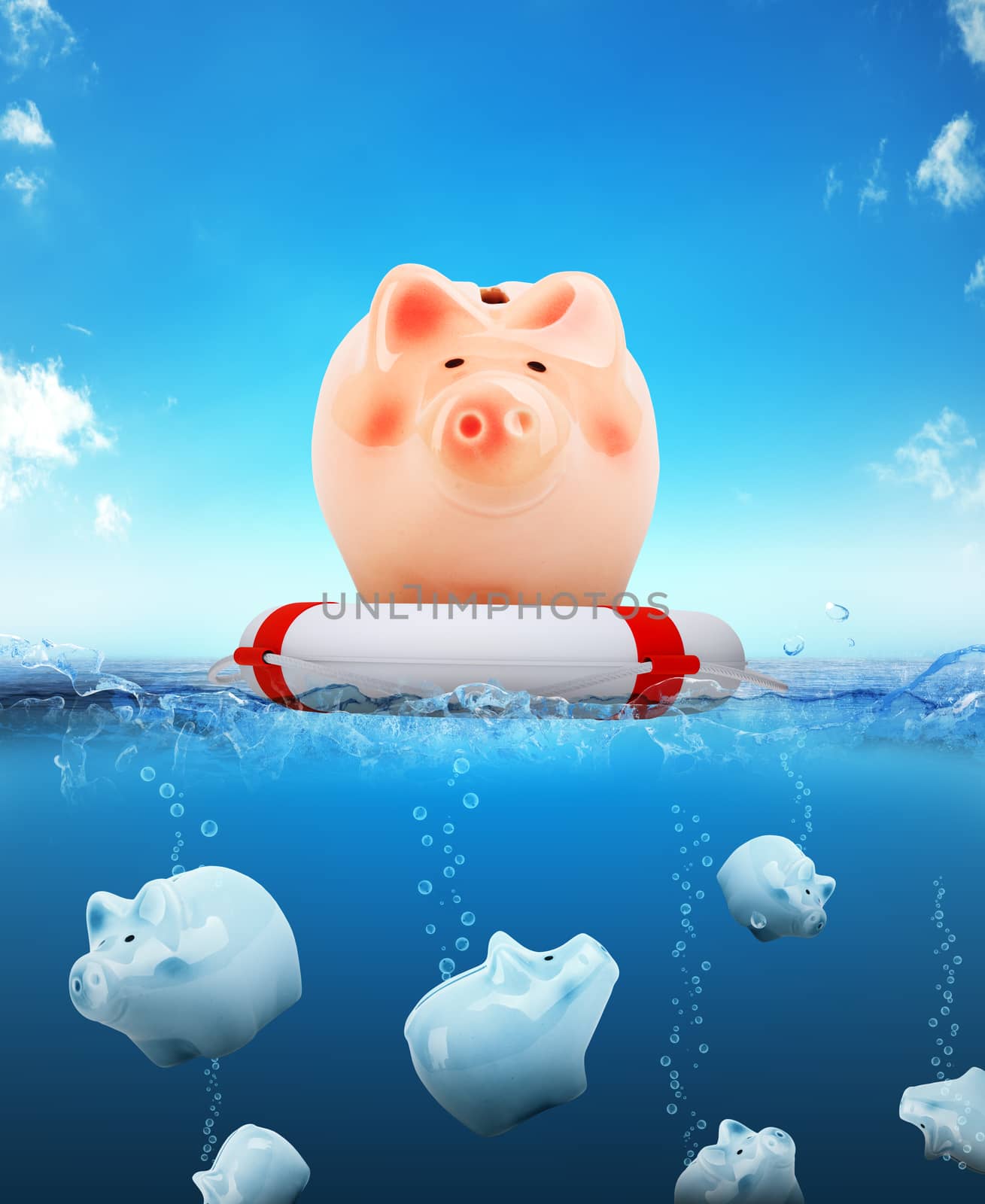 Piggy bank with buoy floating on water by cherezoff