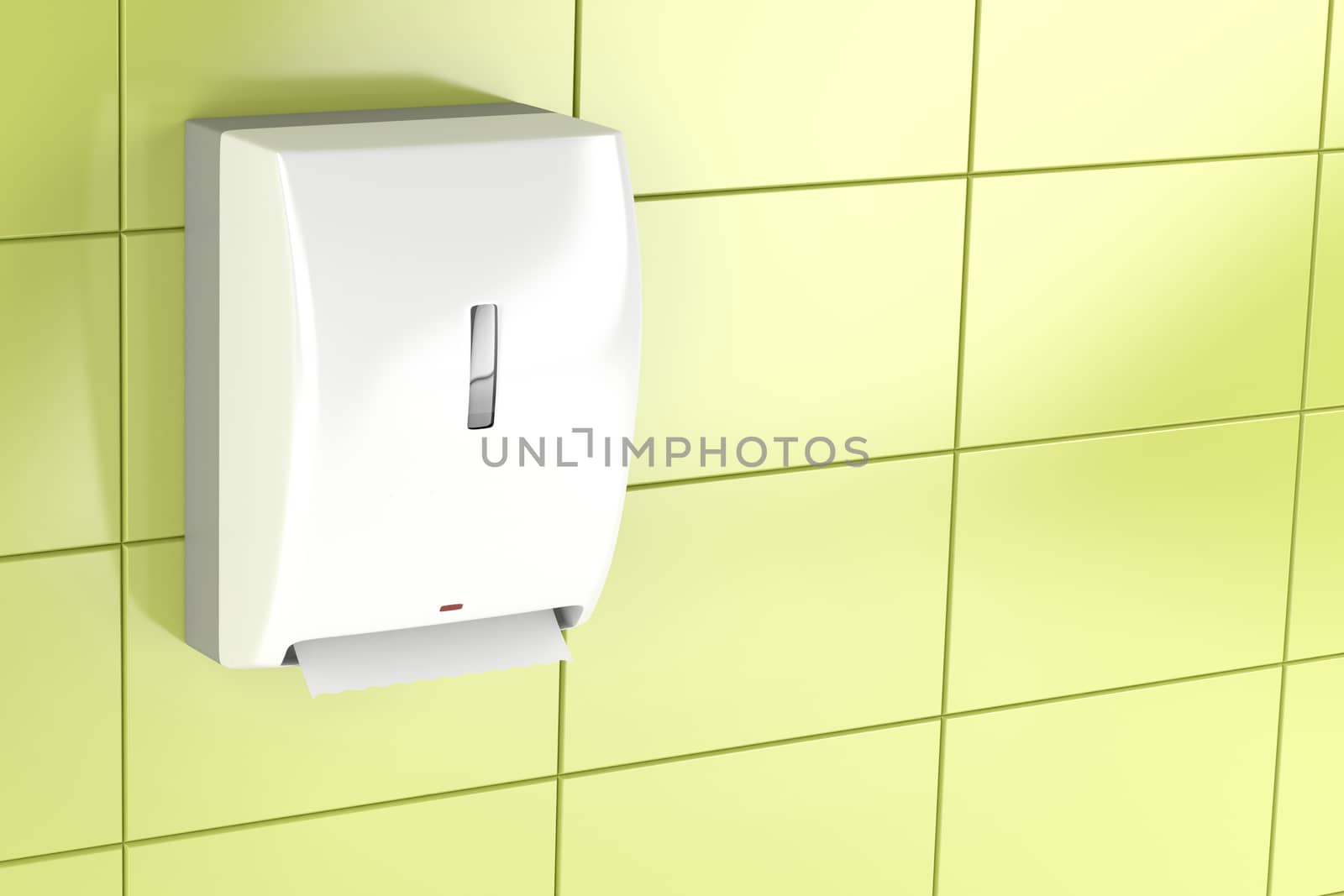 Automatic paper towel dispenser on green tiled wall 