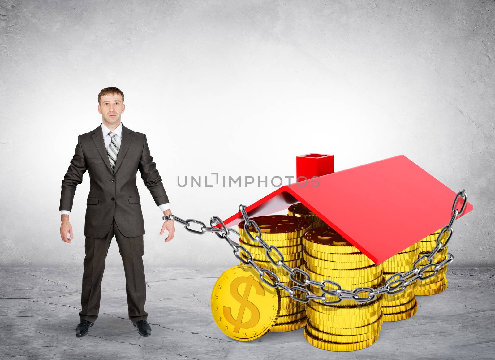 Businessman chained to house with coins on grey background