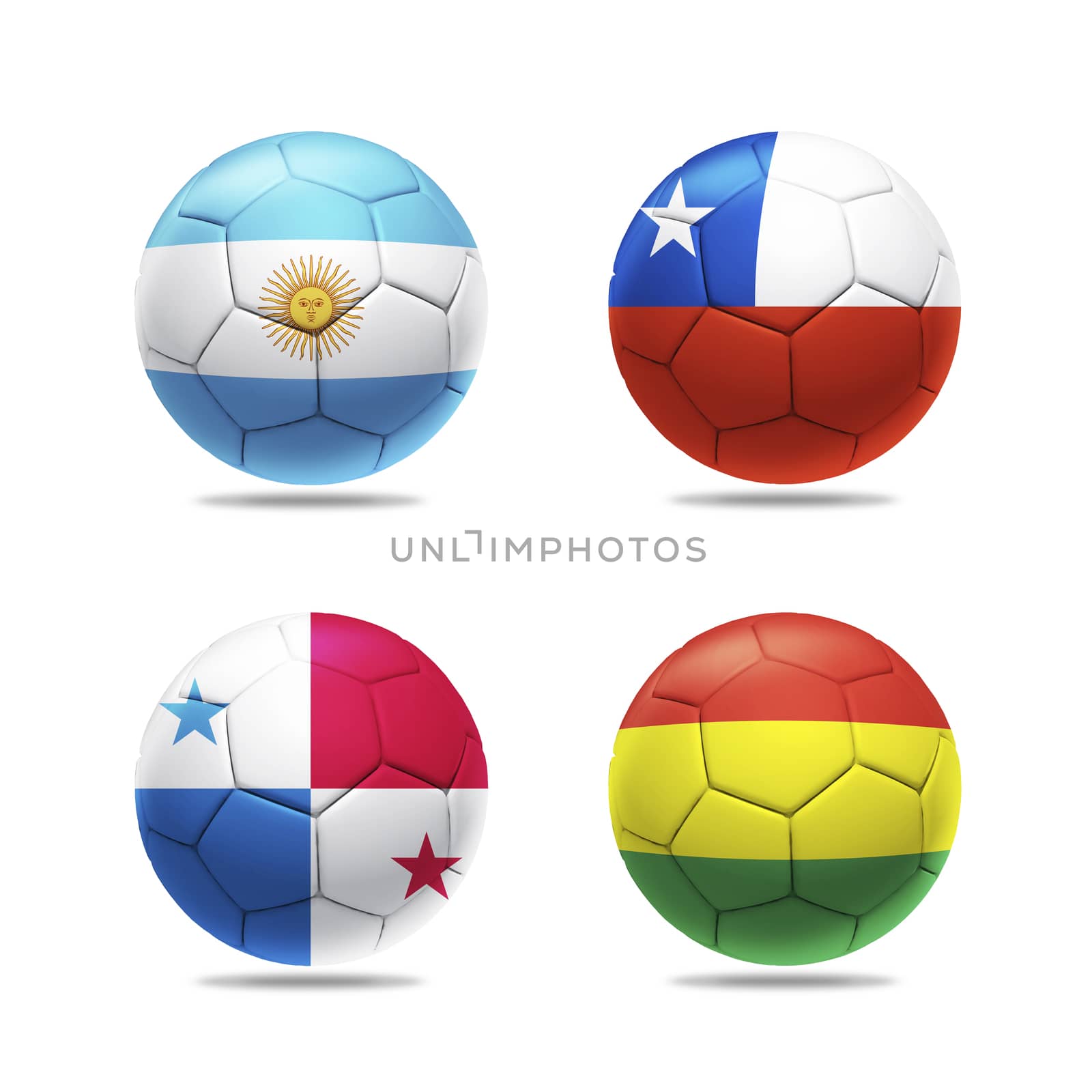 3D soccer ball with group D teams flags, isolated on white