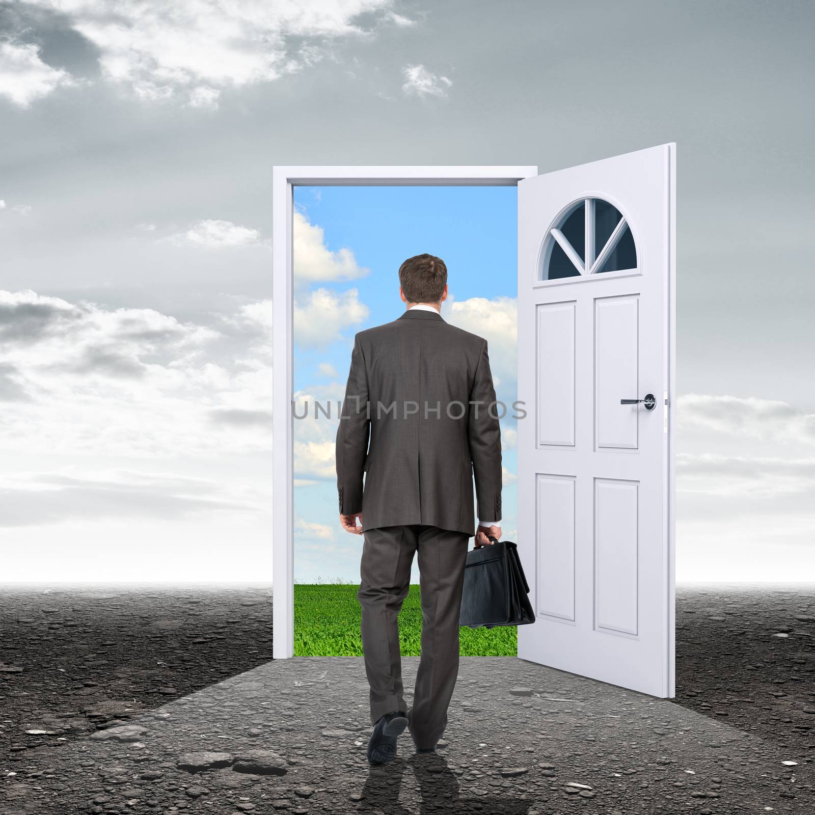 Businessman with door in colorful nature by cherezoff