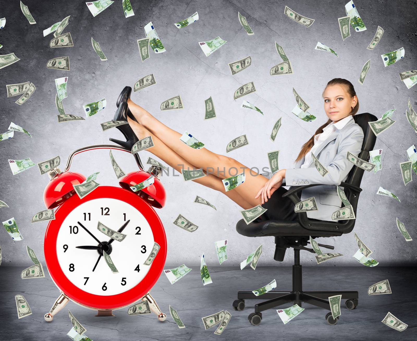 Time is money concept with businesswoman, clock and money rain