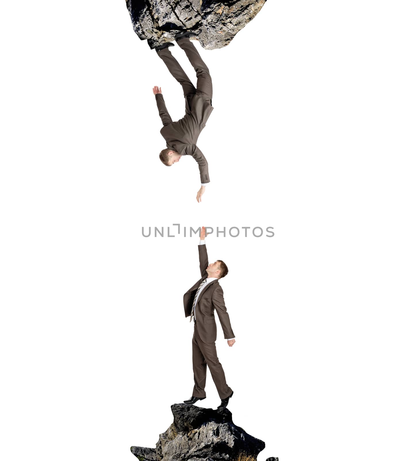 Two businessmen on rocks attracted to each other isolated on white background