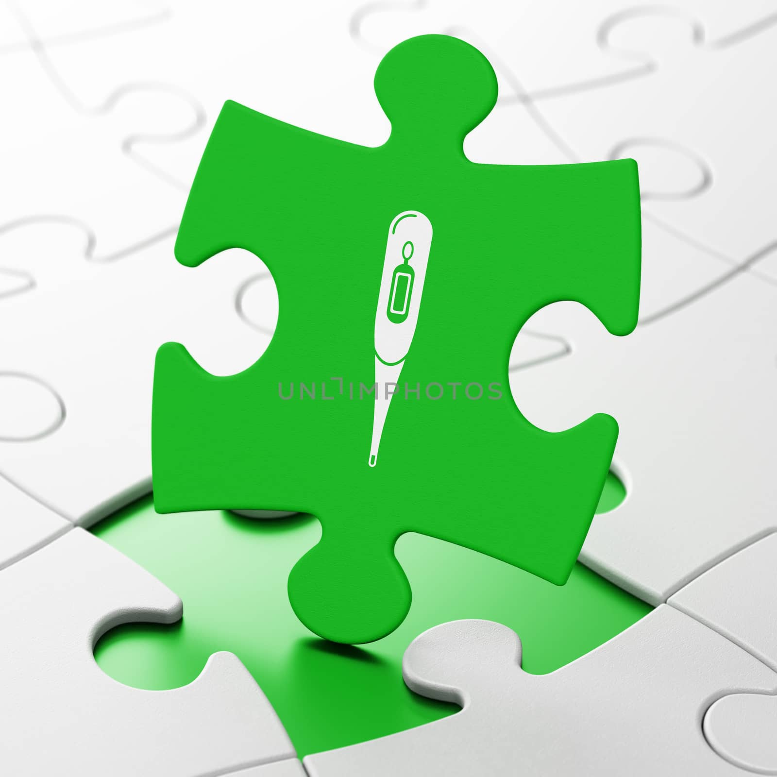 Medicine concept: Thermometer on Green puzzle pieces background, 3D rendering