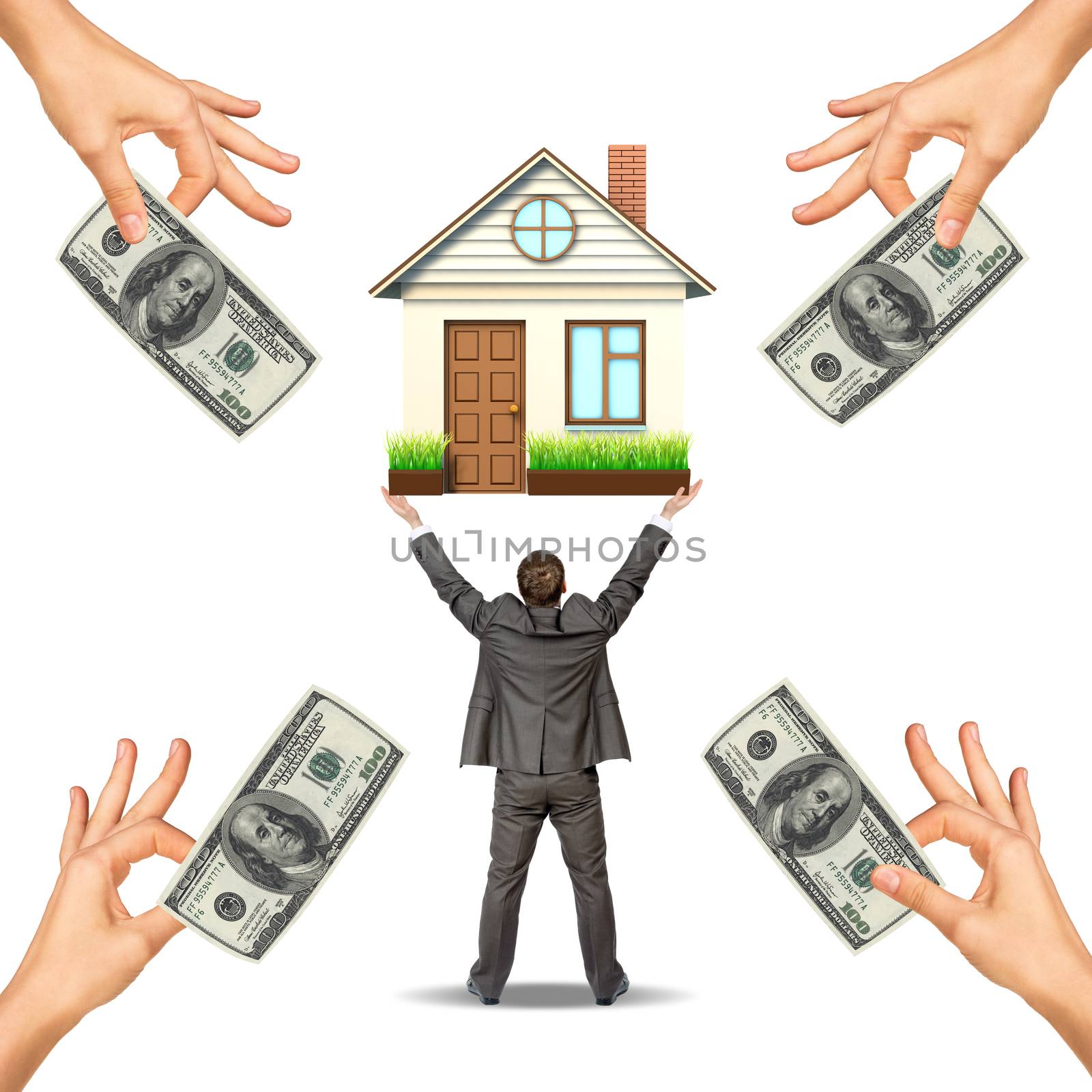 Businessman holding house and hands offering money, isolated. Loan concept