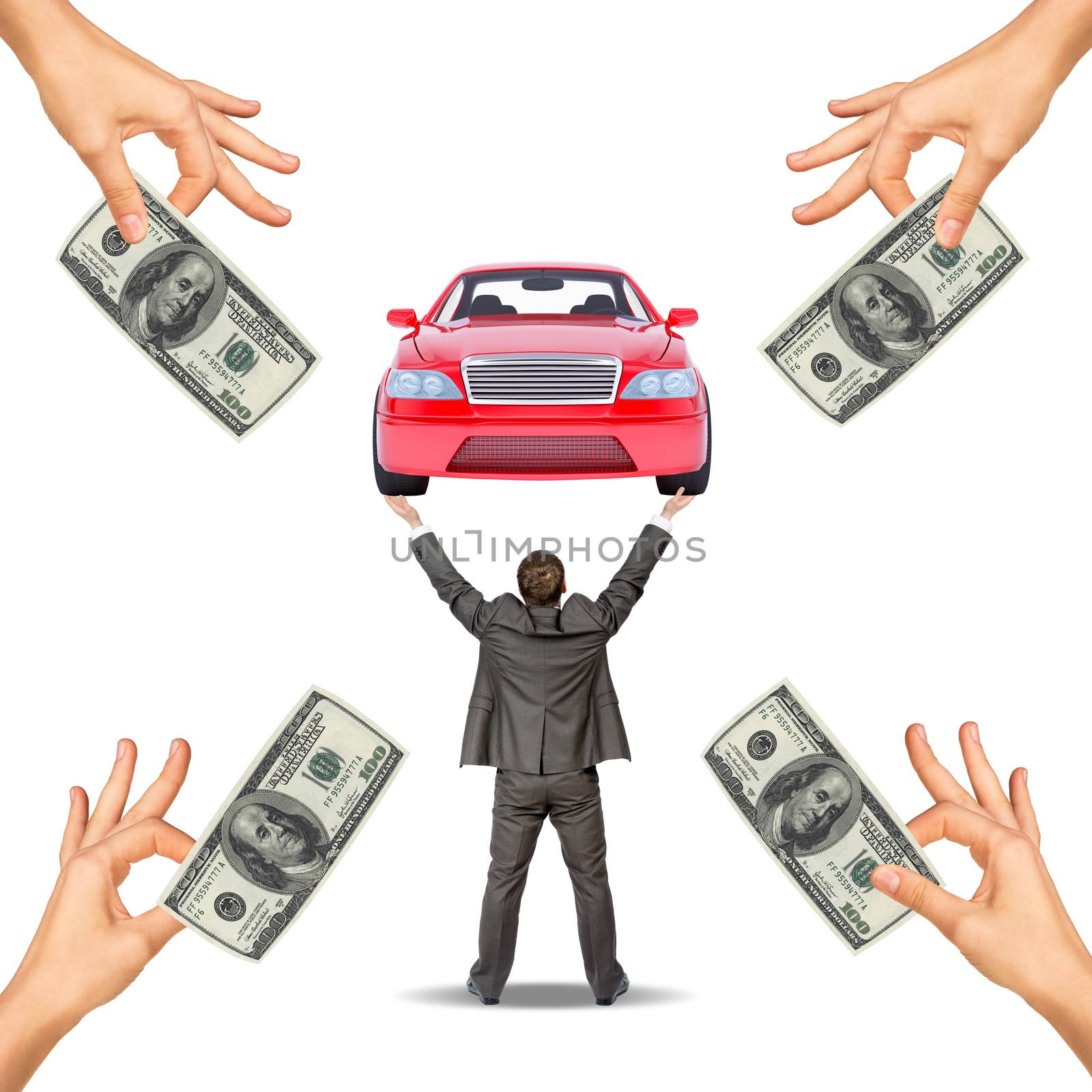 Red car in mens hands and hands offering cash on white background