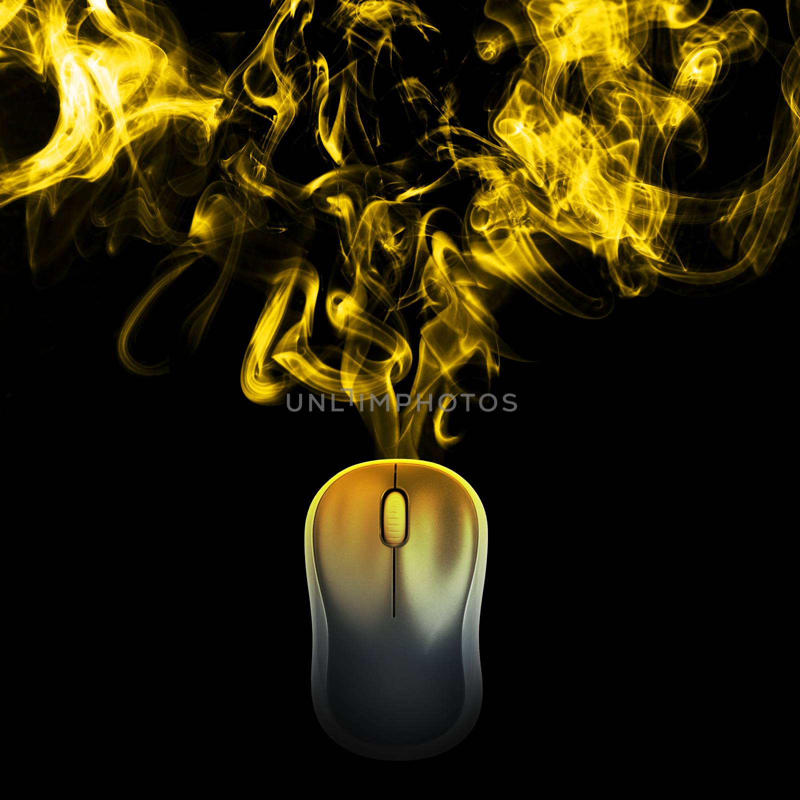 Computer mouse on black background with yellow smoke