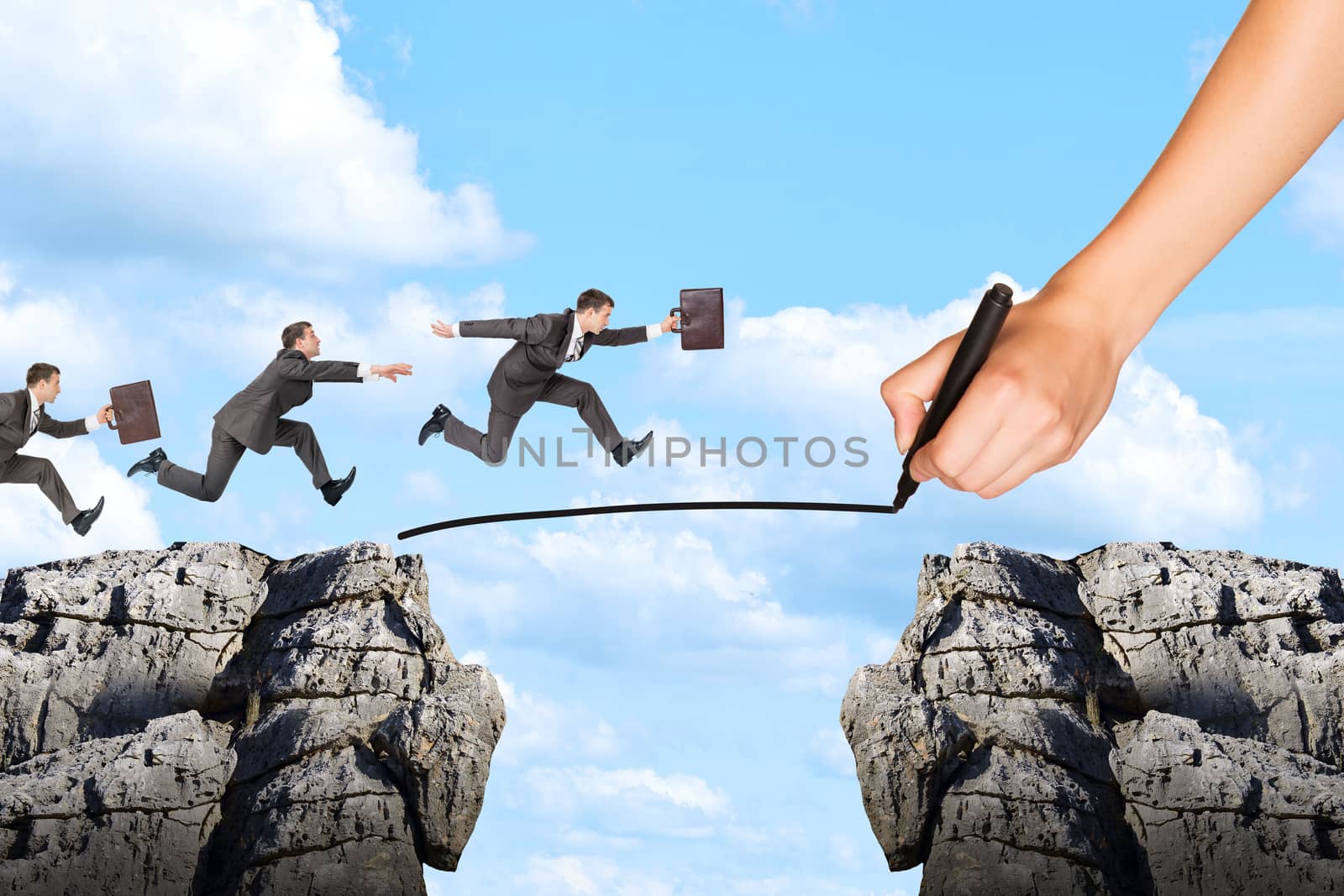 Hand drawing businessman running on rope and rock by cherezoff