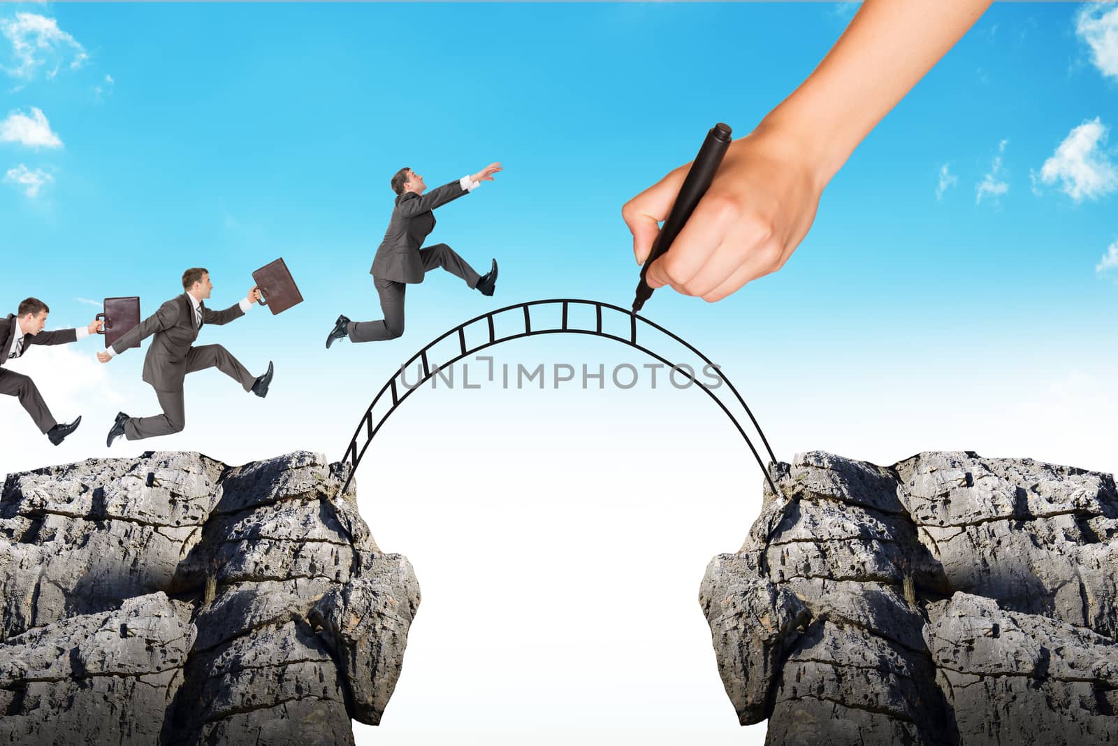 Hand drawing businessman running on bridge and rock on blue sky