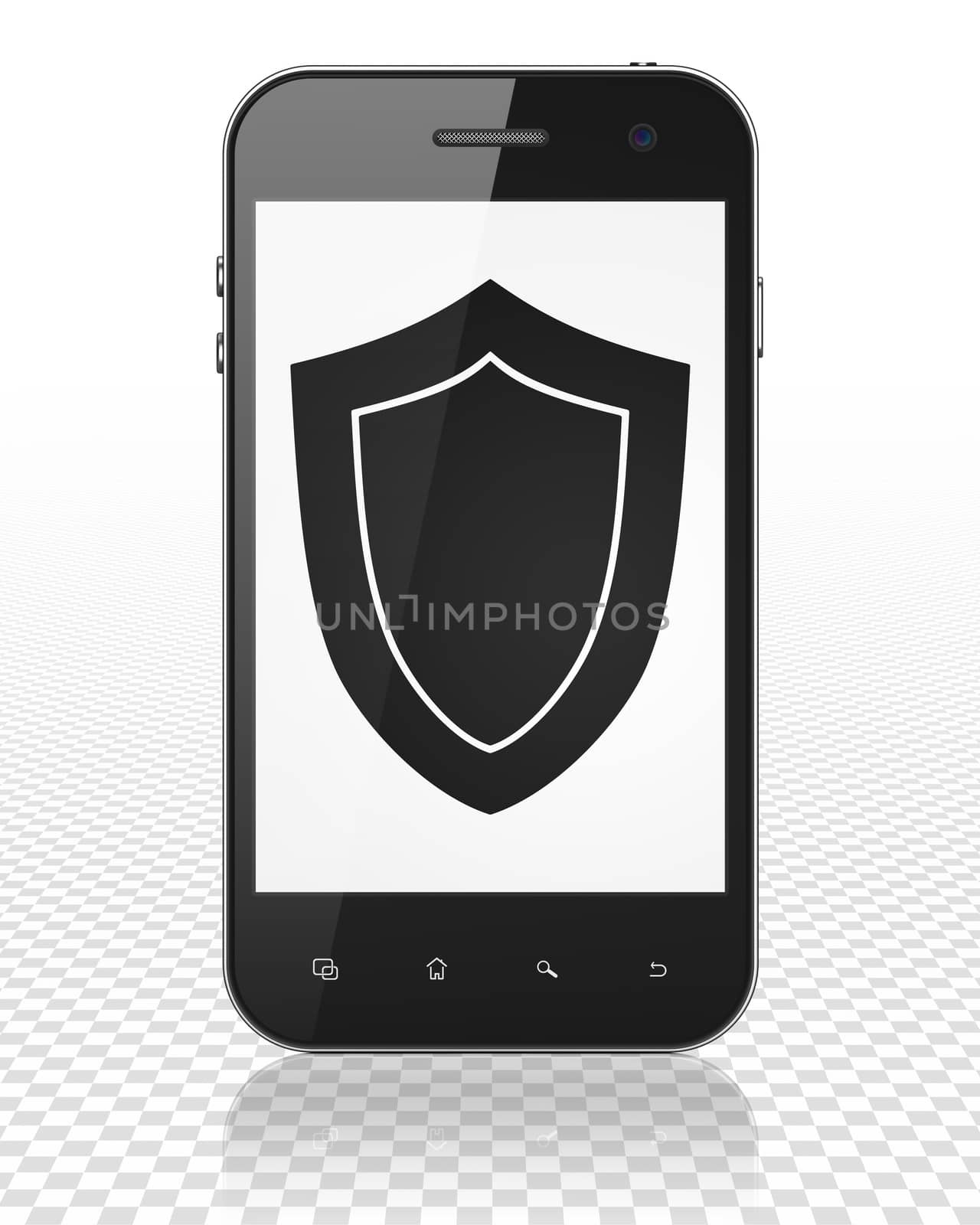 Privacy concept: Smartphone with black Shield icon on display, 3D rendering
