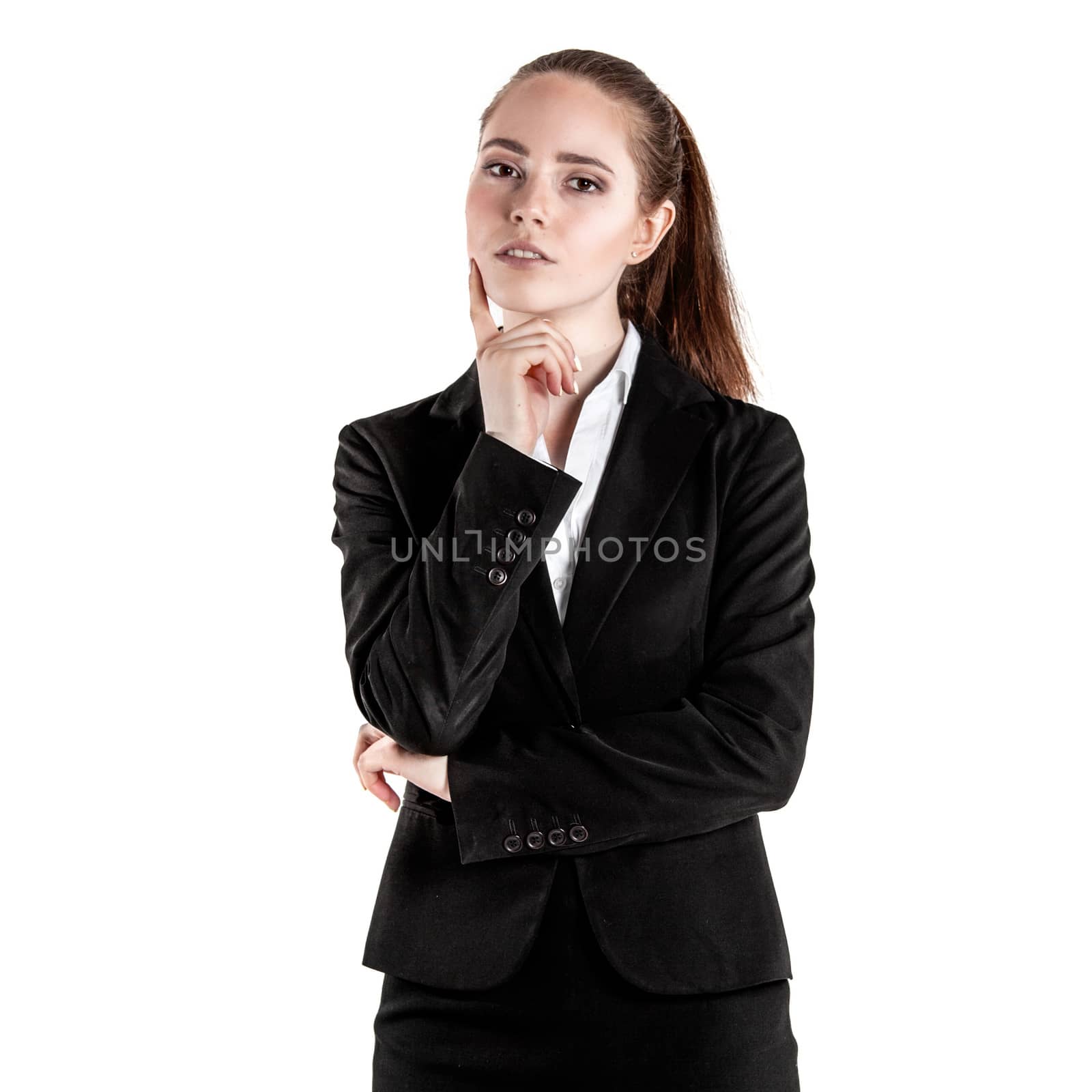 Portrait of young businesswoman in black suit isolated on white background