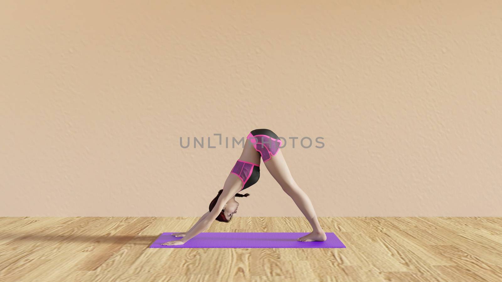 Yoga Class Downward Facing Dog Pose Illustration with Female Instructor 