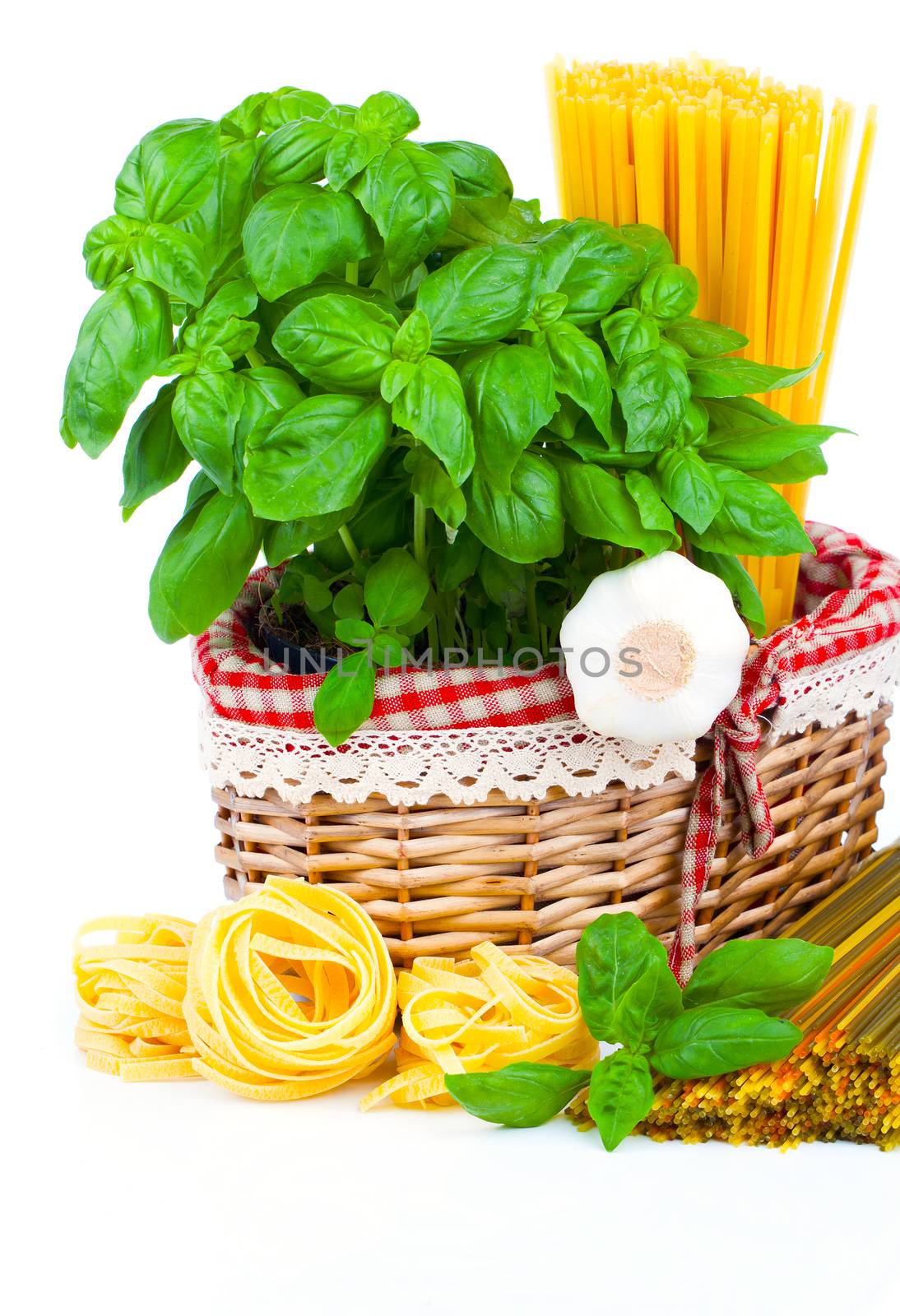 Fresh pasta and italian ingredients, isolated on white background
