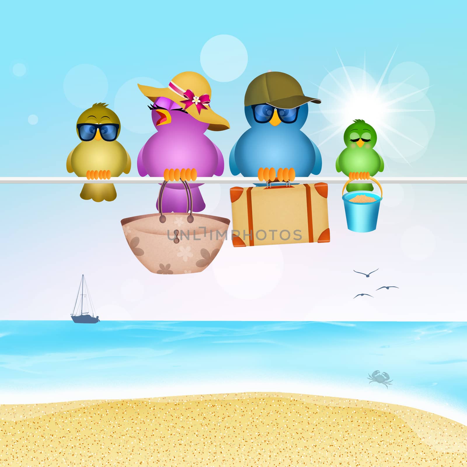 illustration of birds go on vacation to the sea