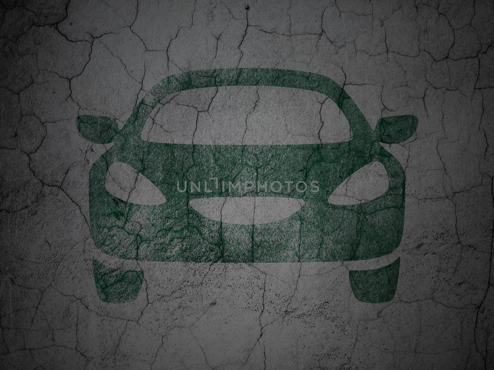 Tourism concept: Green Car on grunge textured concrete wall background