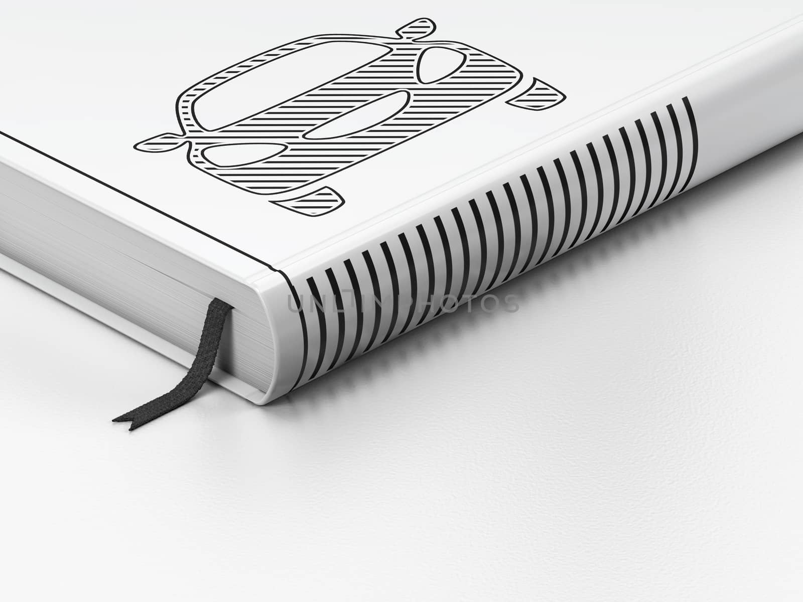 Vacation concept: closed book with Black Car icon on floor, white background, 3D rendering