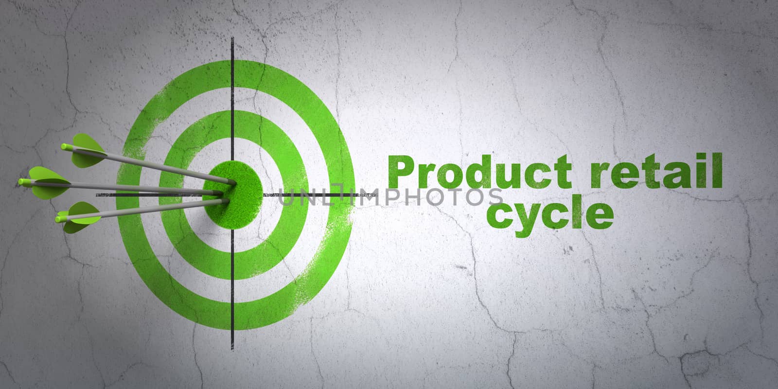 Success advertising concept: arrows hitting the center of target, Green Product retail Cycle on wall background, 3D rendering