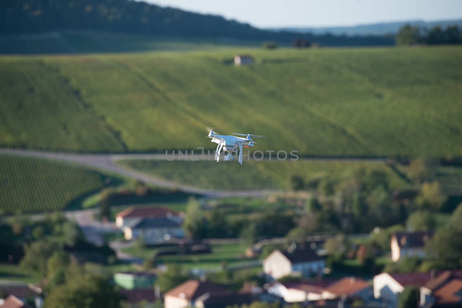 Flying utility drone over wineyard Champagne France