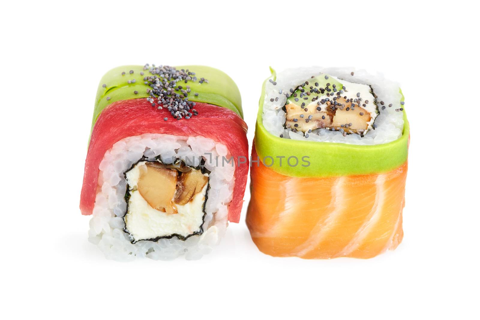 Uramaki maki sushi, two rolls isolated on white. Salmon with philadelphia, shrimp, avocado, eel and poppy seeds