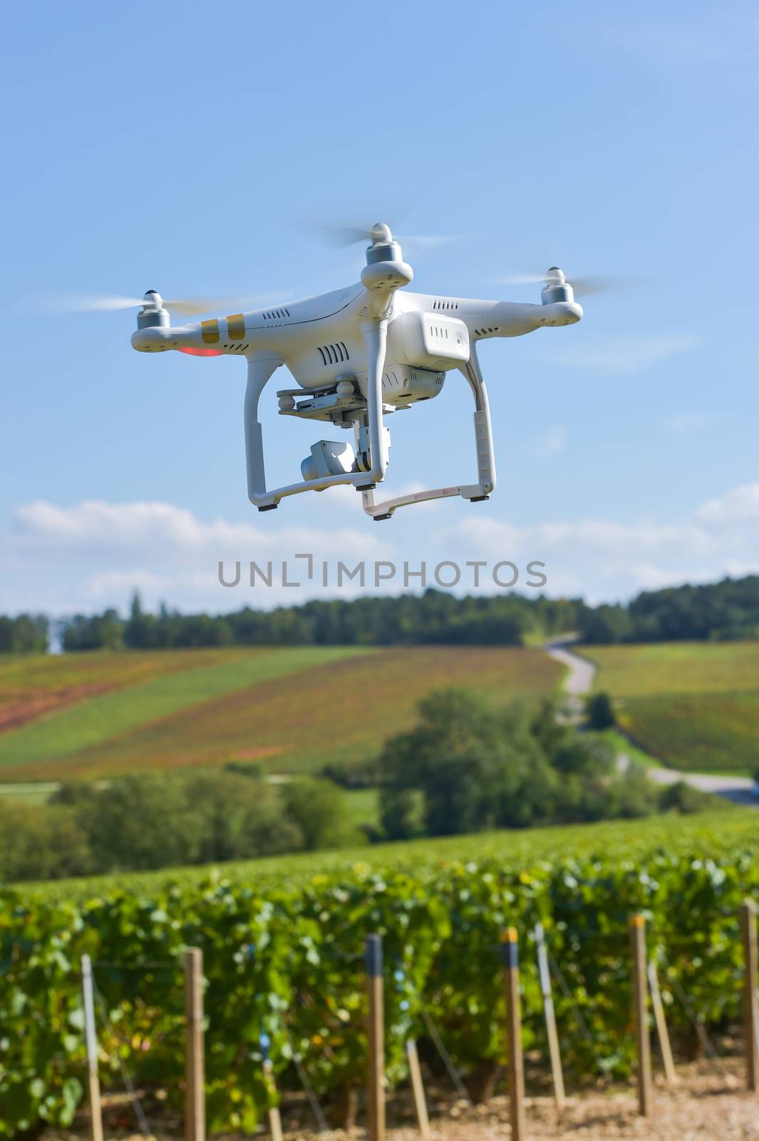 Flying utility drone over wineyard Champagne France