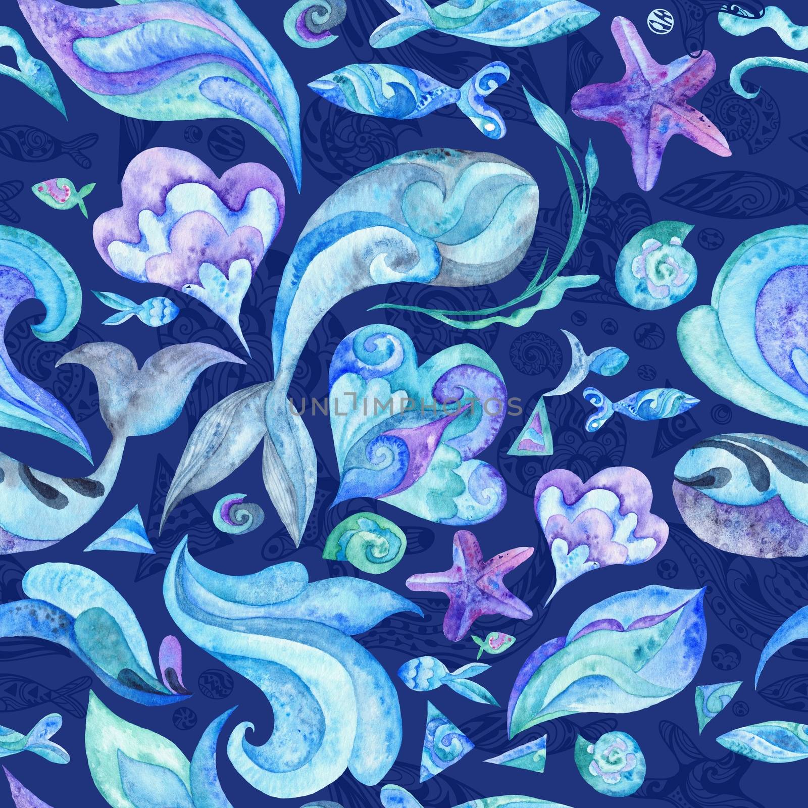 Nautical underwater texture with fishes, whales, starfishes, shells and waves isolated on blue background for wallpaper and fabric design