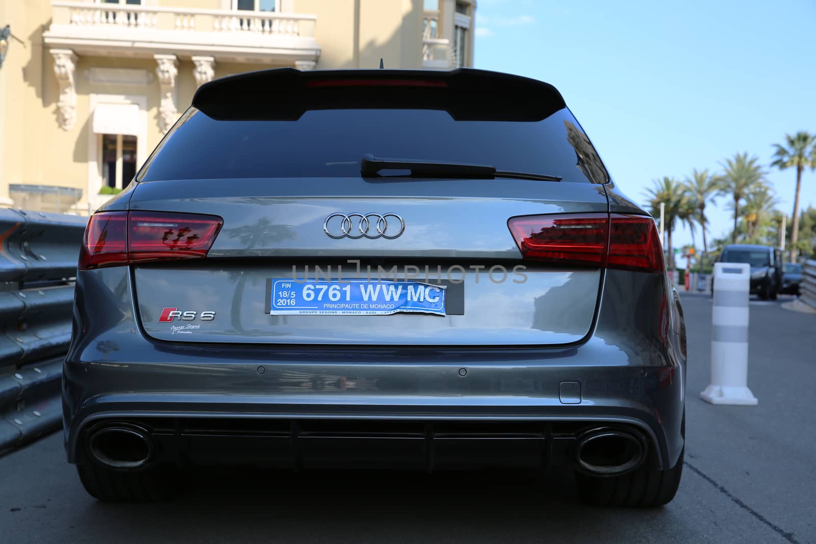 Monte-Carlo, Monaco - May 17, 2016:  Luxury Gray Sport Car Audi RS 6 Quattro (rear view) Parked in Front of the Monte-Carlo Casino in Monaco