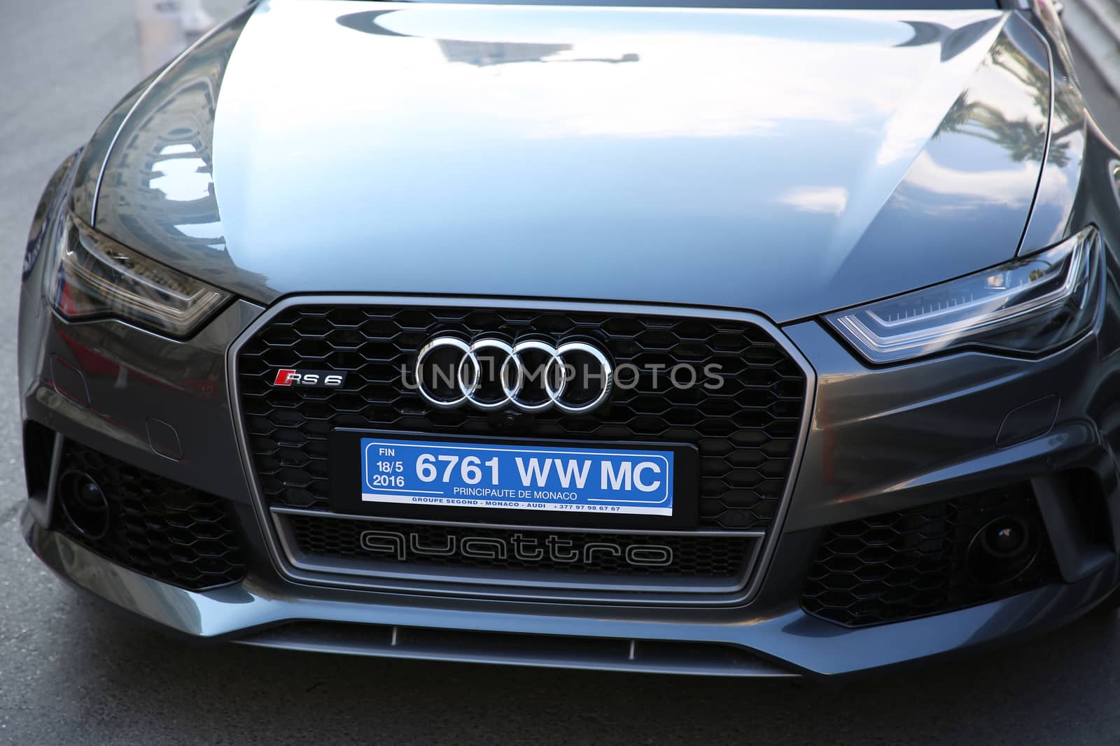 Monte-Carlo, Monaco - May 17, 2016:  Luxury Gray Sport Car Audi RS 6 Quattro Parked in Front of the Monte-Carlo Casino in Monaco