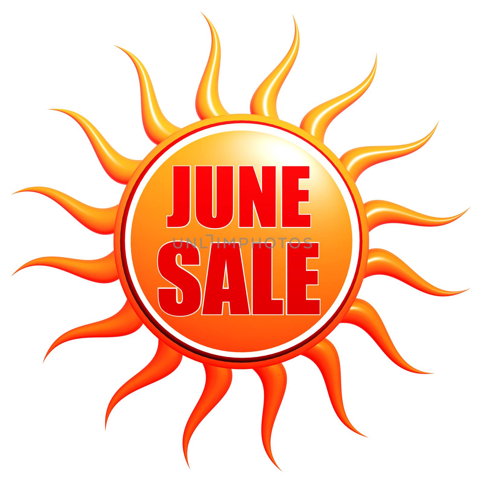June sale banner - text in 3d red orange yellow label with sun shape, business concept