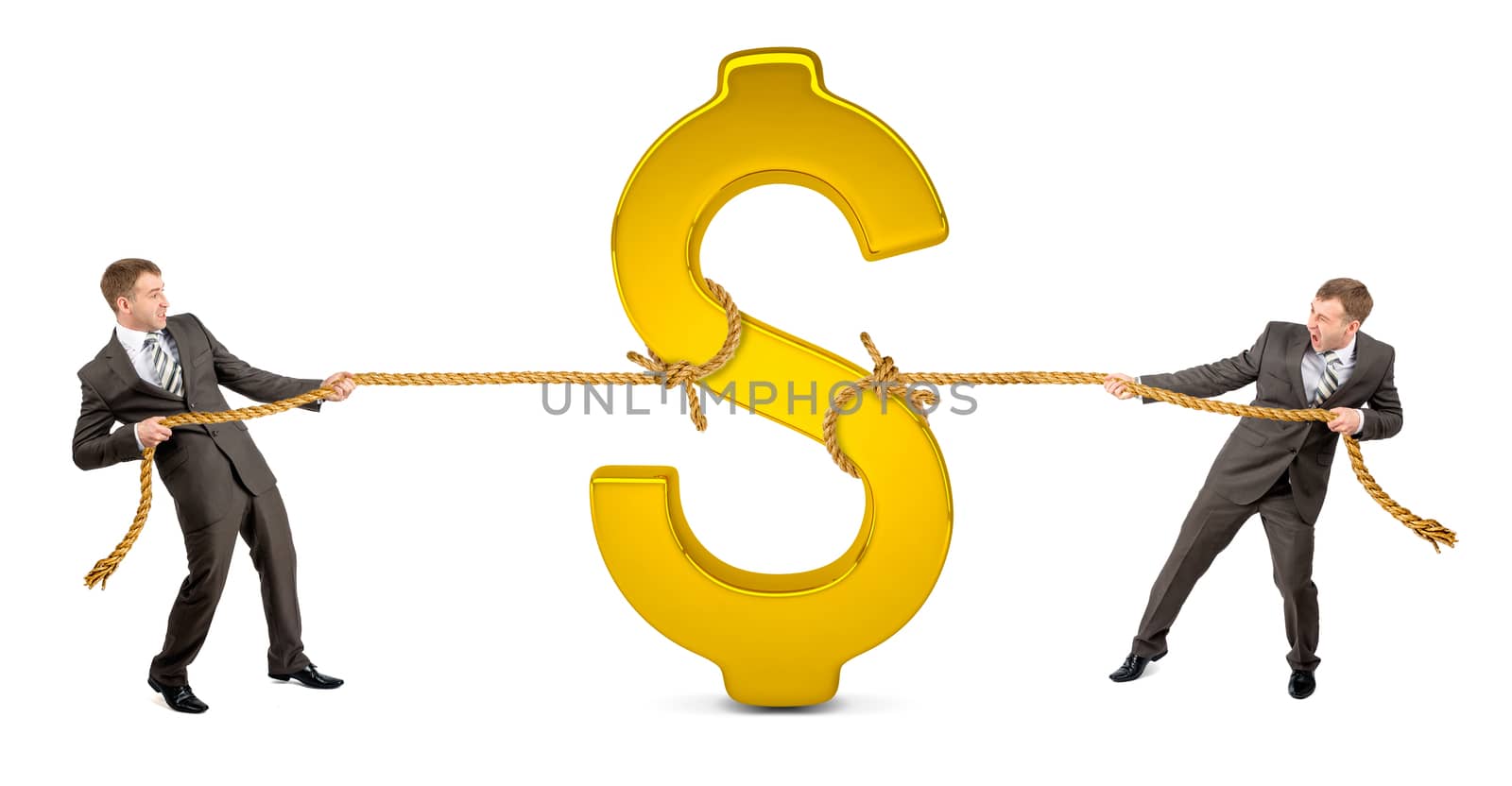 Businessmans pulling glowing dollar sign against another man isolated on white background