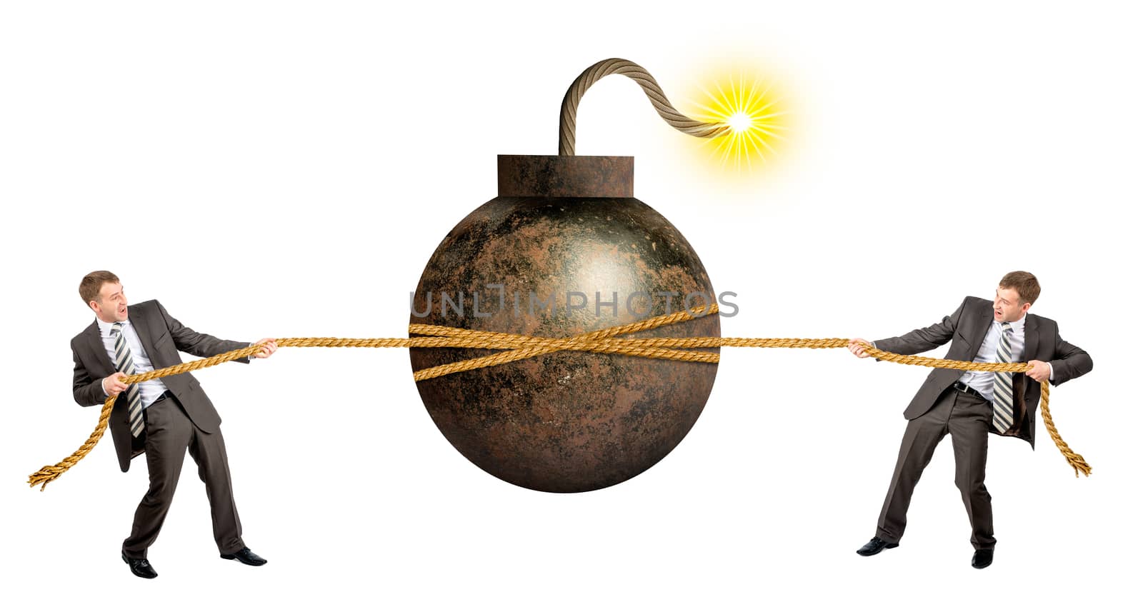 Businessmans pulling bomb against another man isolated on white background