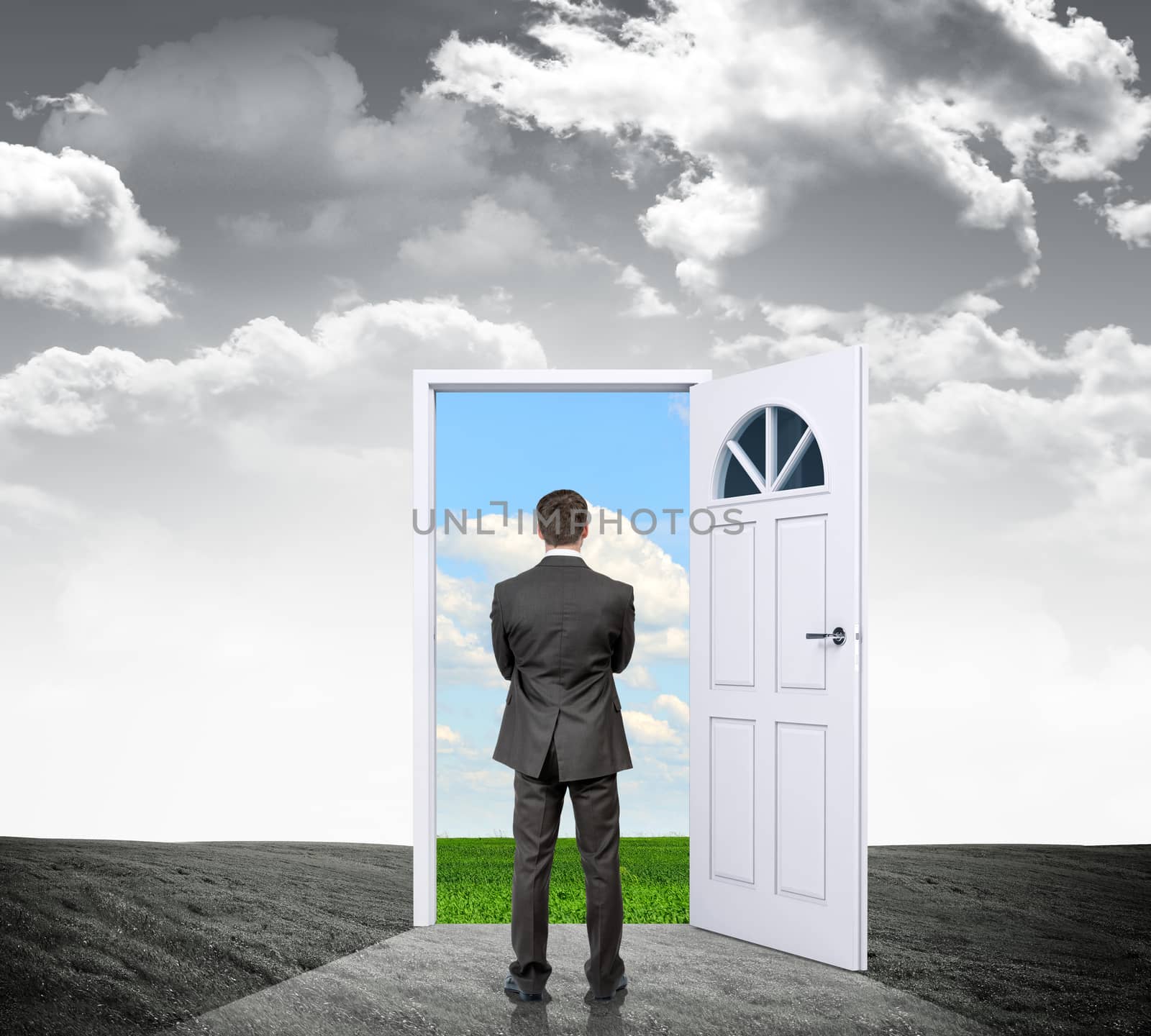 Businessman standing in grey reality with door in colorful nature