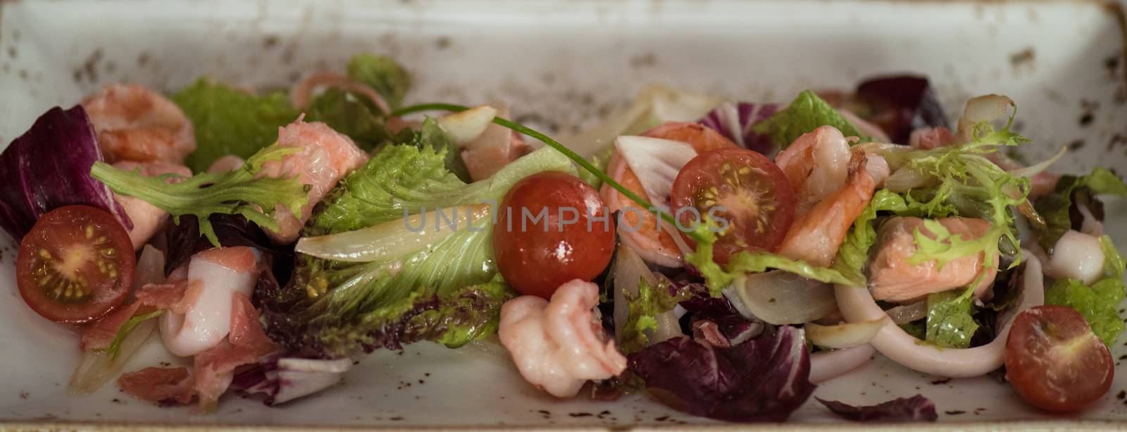 healthy green salad with cooked shrimp and vegetables