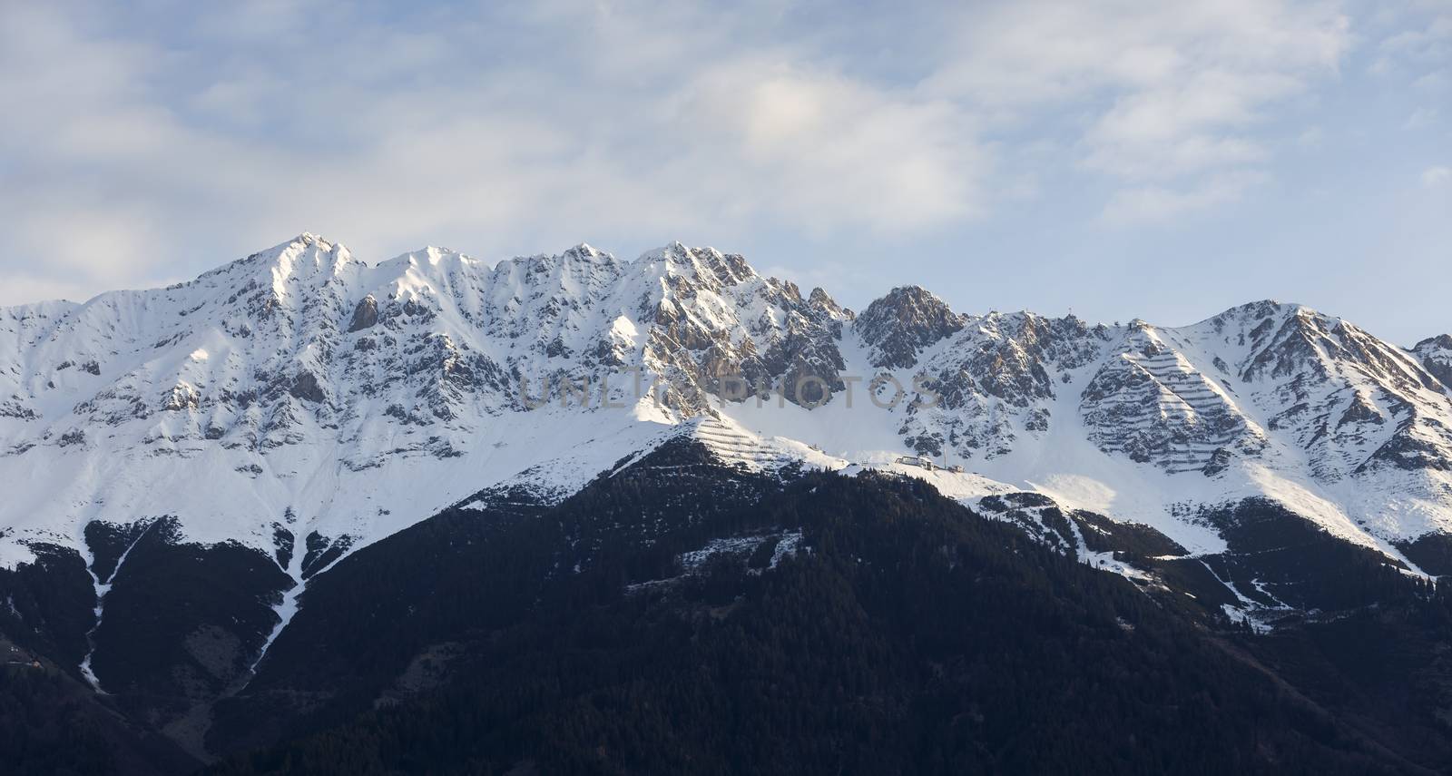 Beautiful View of the Austrian Alps Covered in Snow on Winter