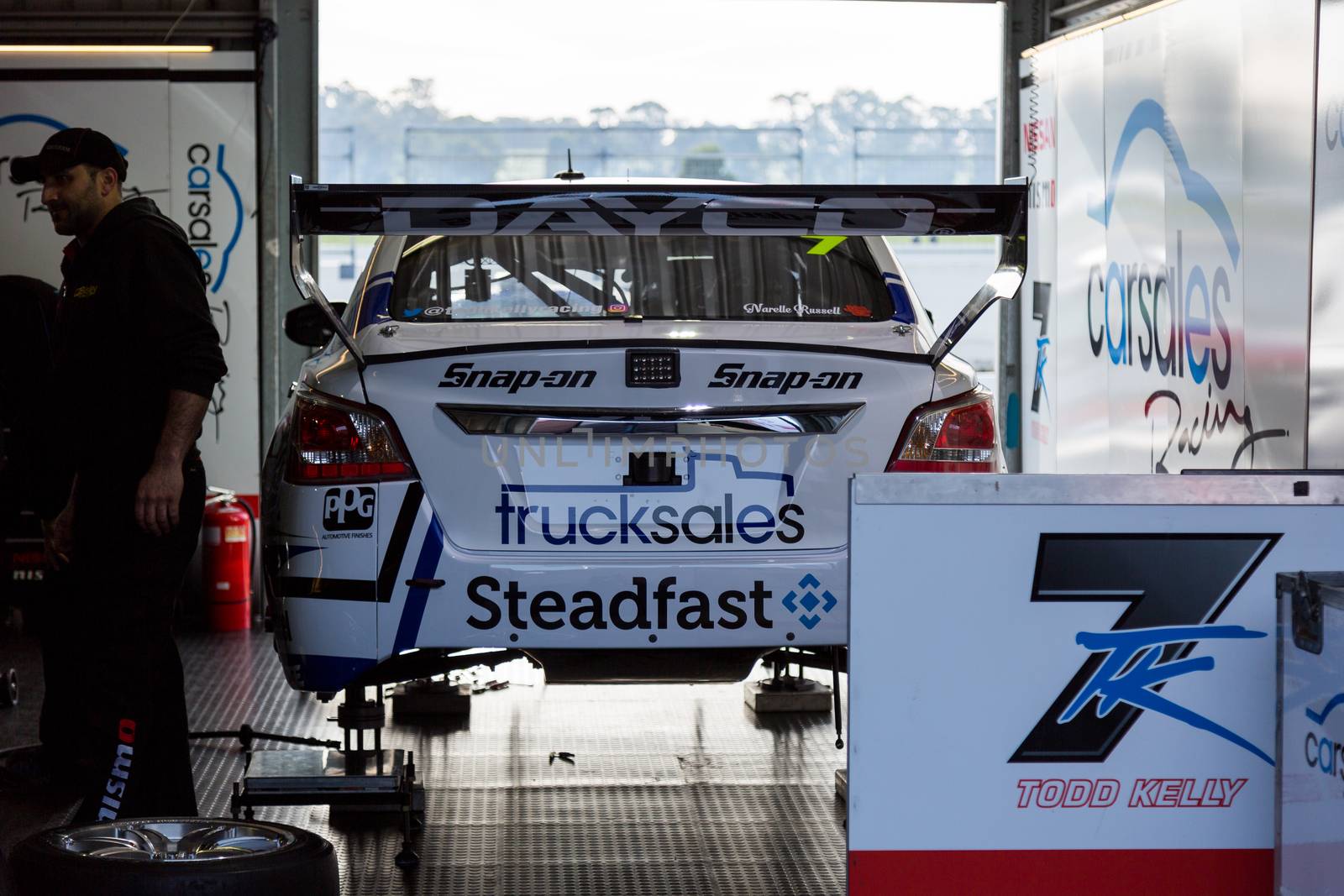 MELBOURNE, WINTON/AUSTRALIA, 22 MAY , 2016: Todd Kelly's Nissan being prepped for race 11 for the Virgin Australia Supercars Championship at Winton.