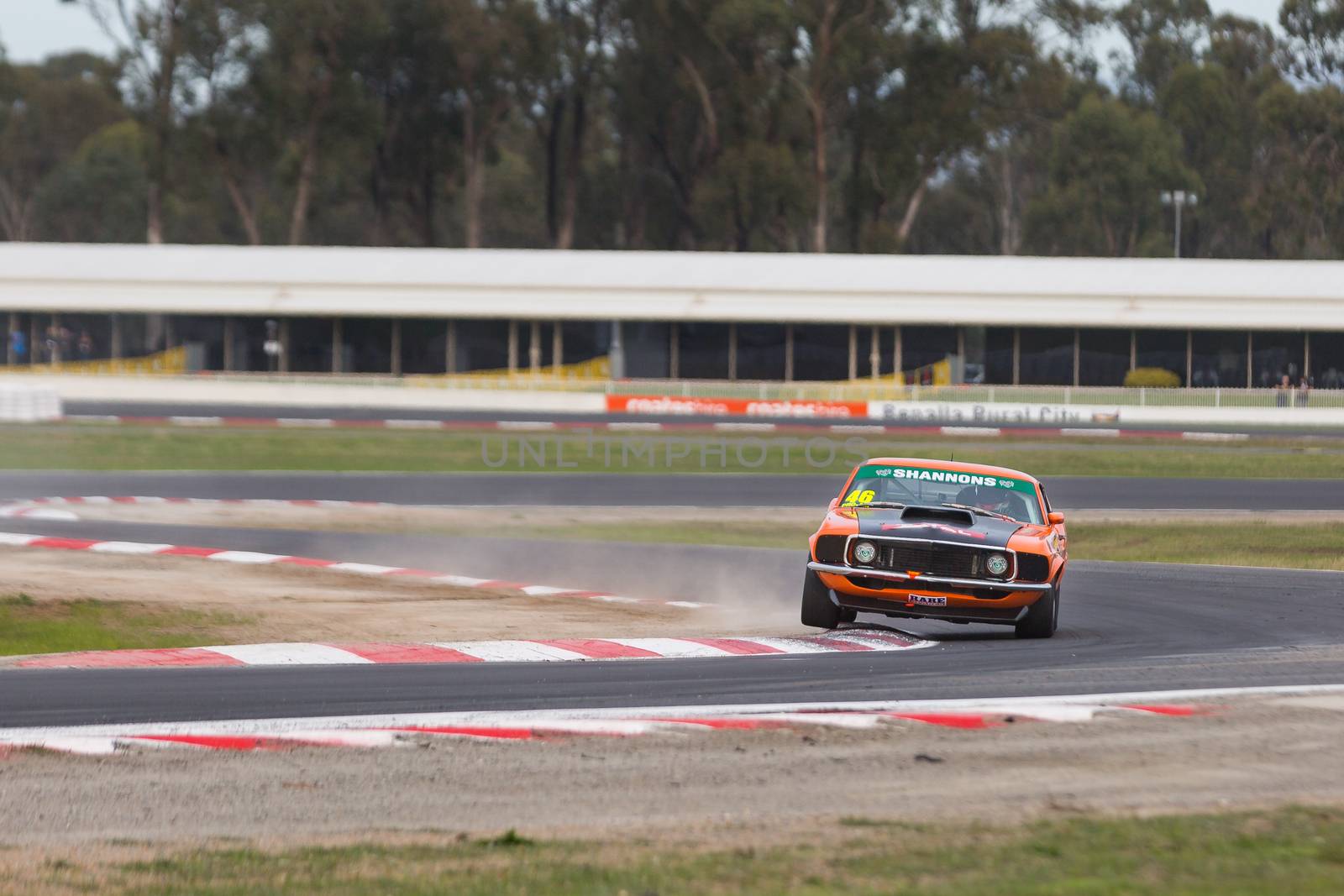 MELBOURNE, WINTON/AUSTRALIA, 20 MAY , 2016: Leo Tobin's Ford Mustang sees air in the Touring Car Masters Series, Round 3 at Winton