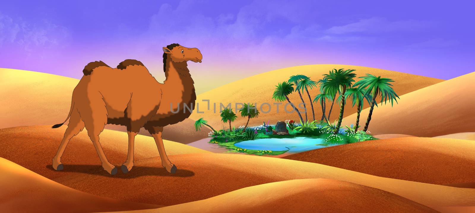 Bactrian Camel in Desert Oasis. Digital painting  full color illustration.