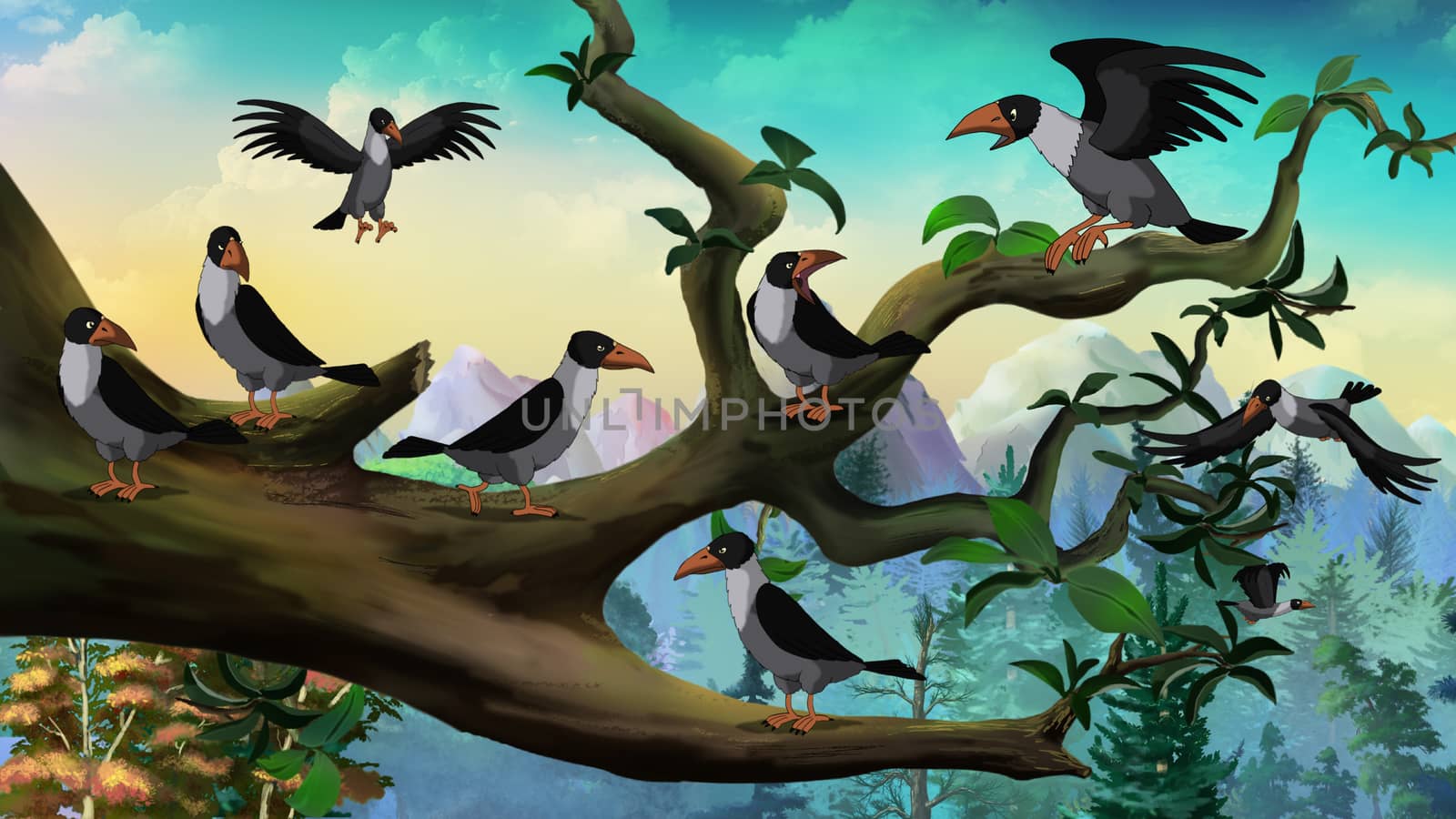 Flock of Crows Sitting on a Tree by Multipedia