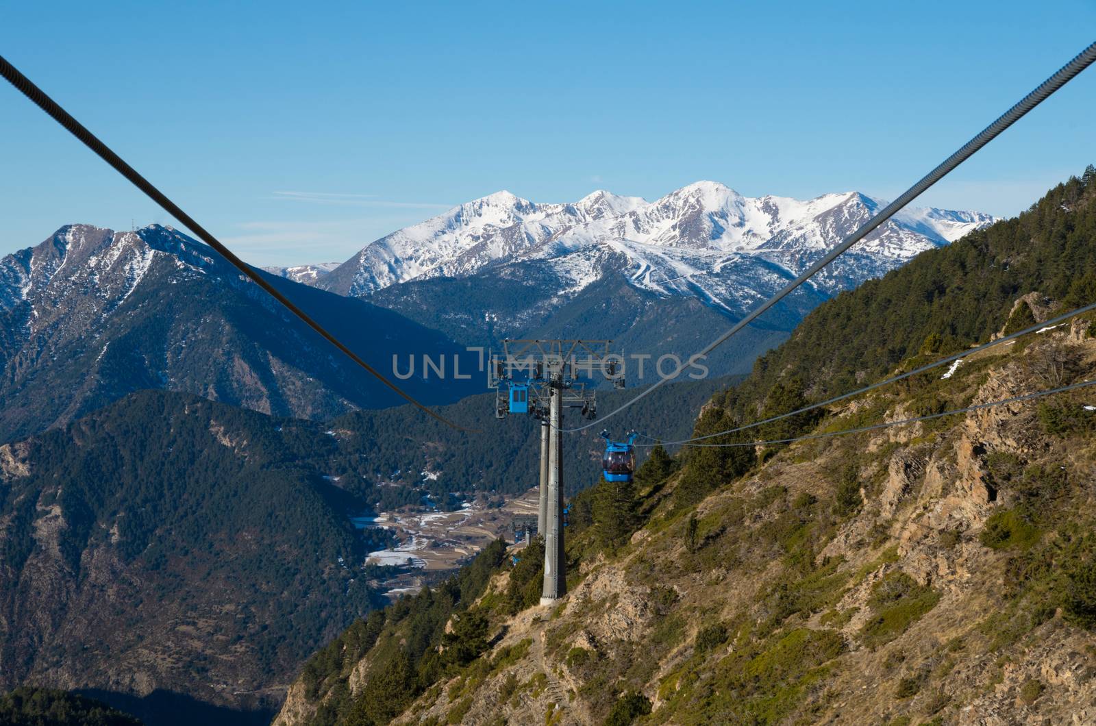 Skiing and snowboarding on the snowy slopes of prepared ski resort in Andorra