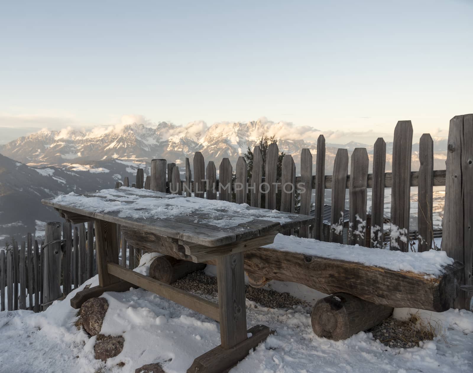 View of the Austrian Alps in the winter at sunset