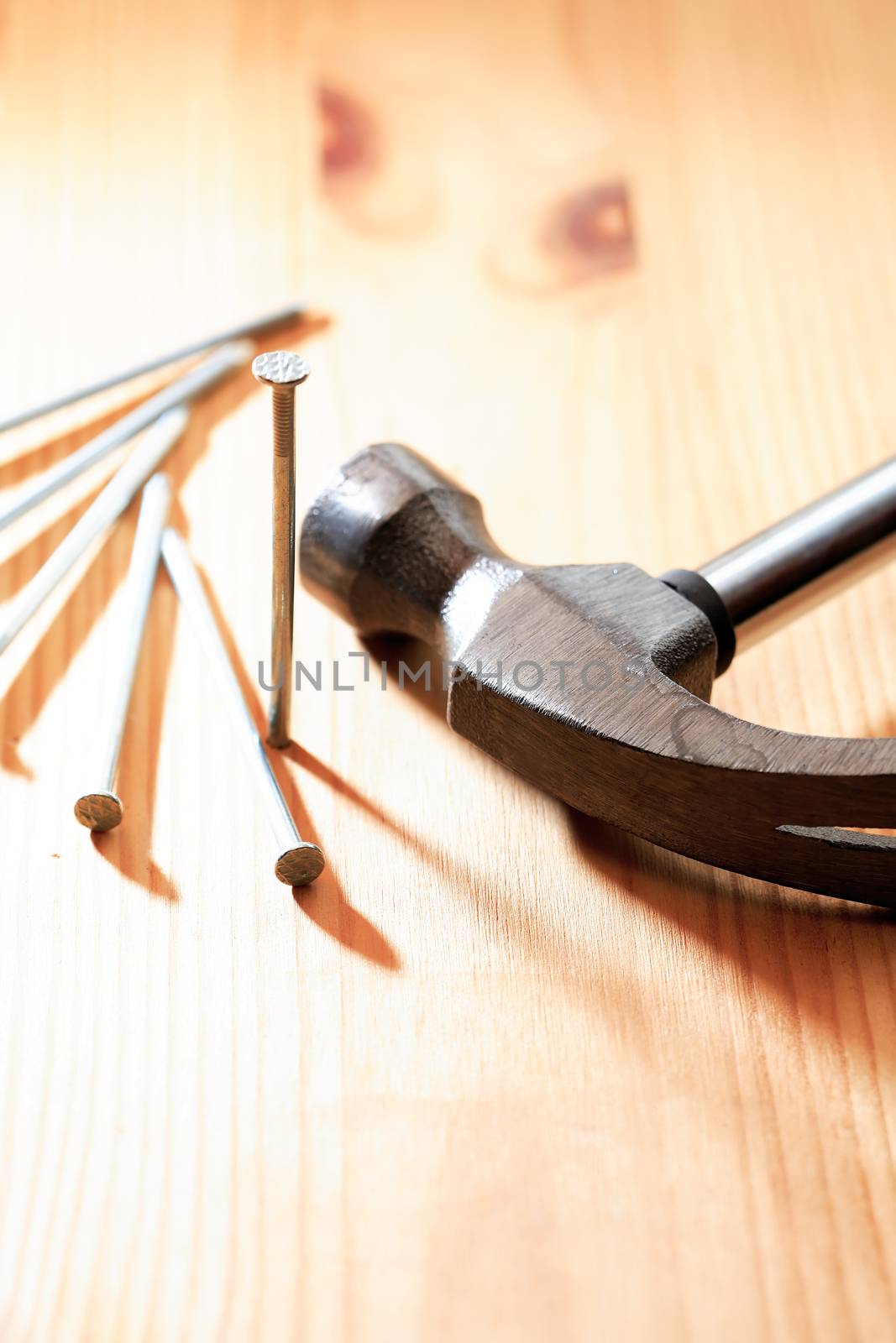 Nails set near hammer on nice wooden background