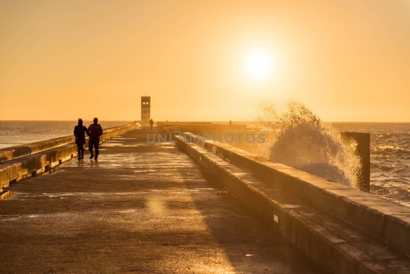 Couple walking on a dock with sunset light