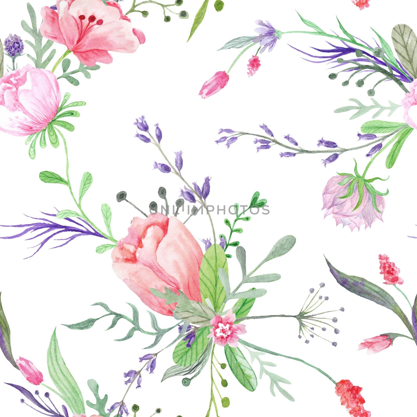 Seamless hand-painted floral texture with shabby chic bouquets on white background for paper and textile design