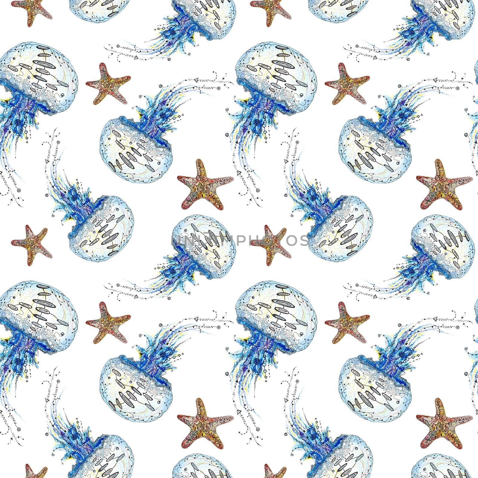Seamless marine texture with sea animals in sketch style on white background for paper and textile design