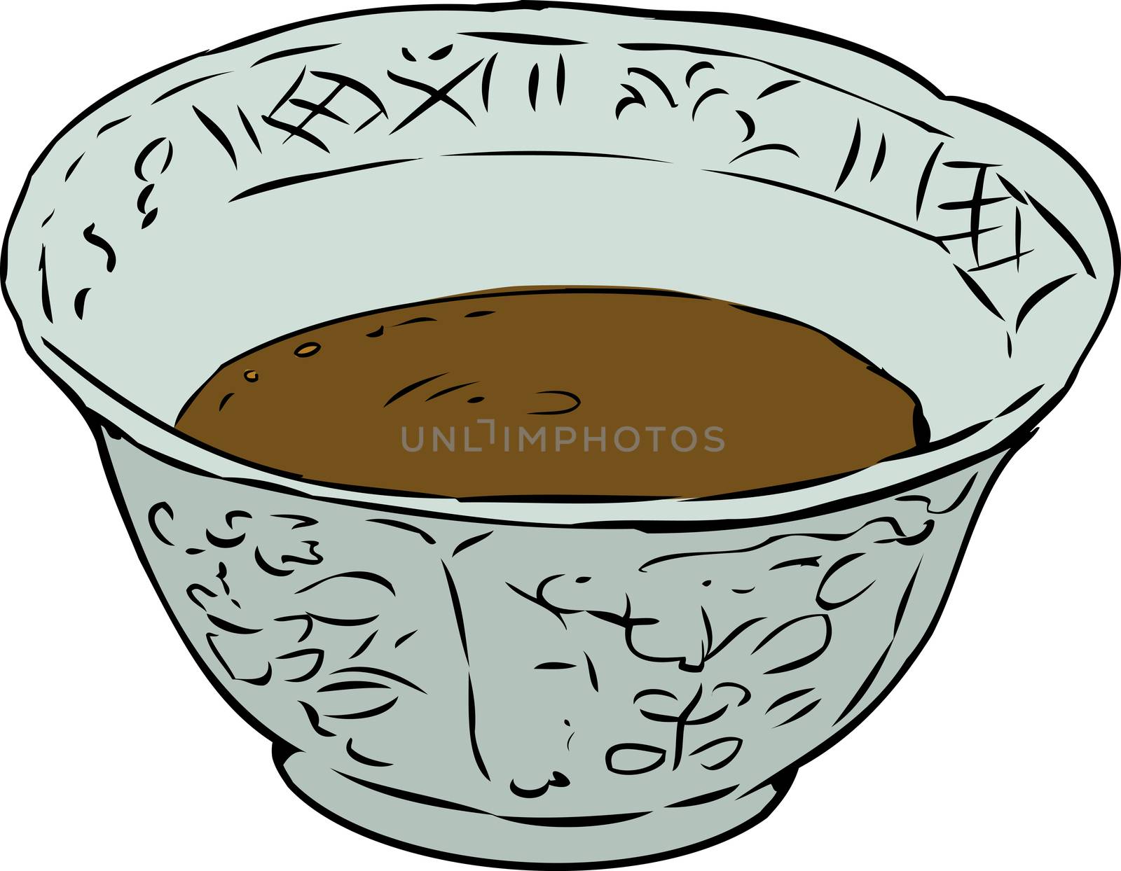 Hand drawn illustration of antique 18th century teacup full with coffee