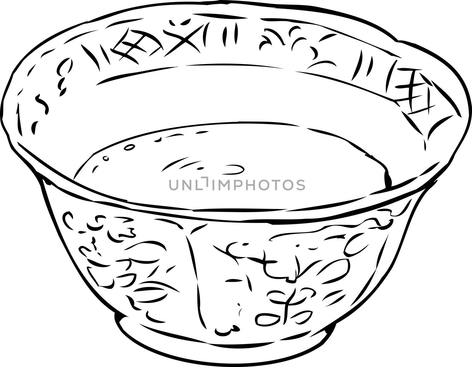 Outlined illustration of antique 18th century teacup full with tea